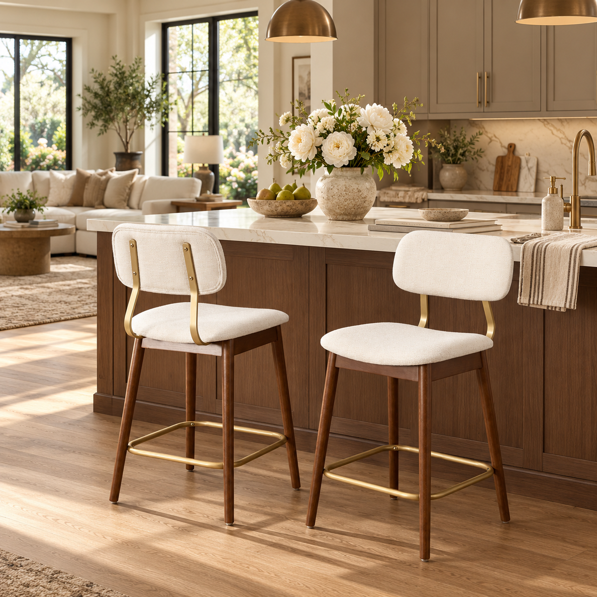 Fronsac 26" Upholstered Solid Wood Counter Height Stools with Gold-Tone Footrest Set of 2
