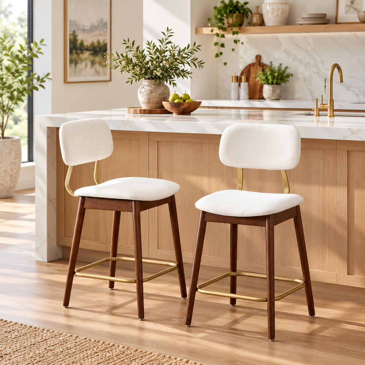 Fronsac 26" Upholstered Solid Wood Counter Height Stools with Gold-Tone Footrest Set of 2