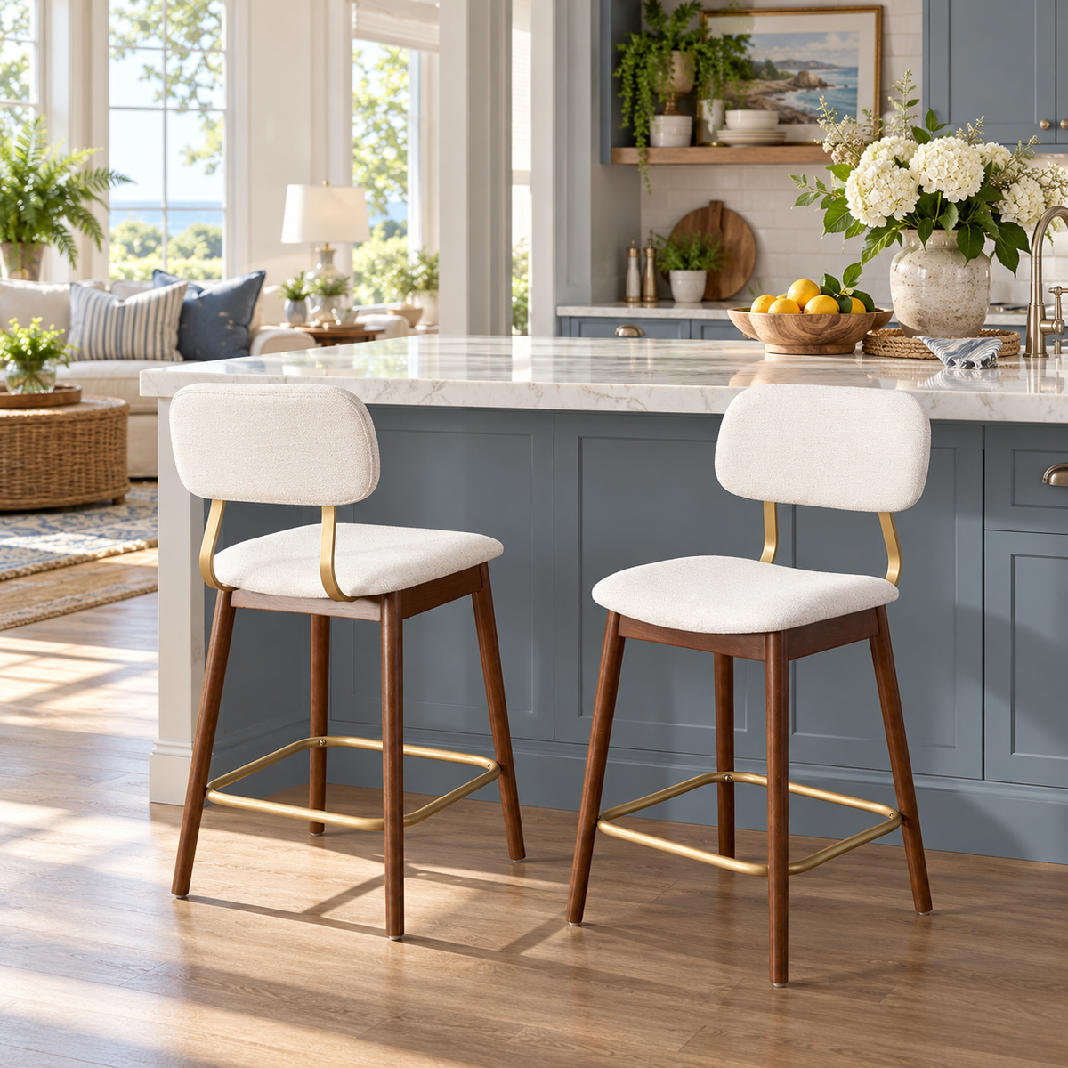 Fronsac 26" Upholstered Solid Wood Counter Height Stools with Gold-Tone Footrest Set of 2