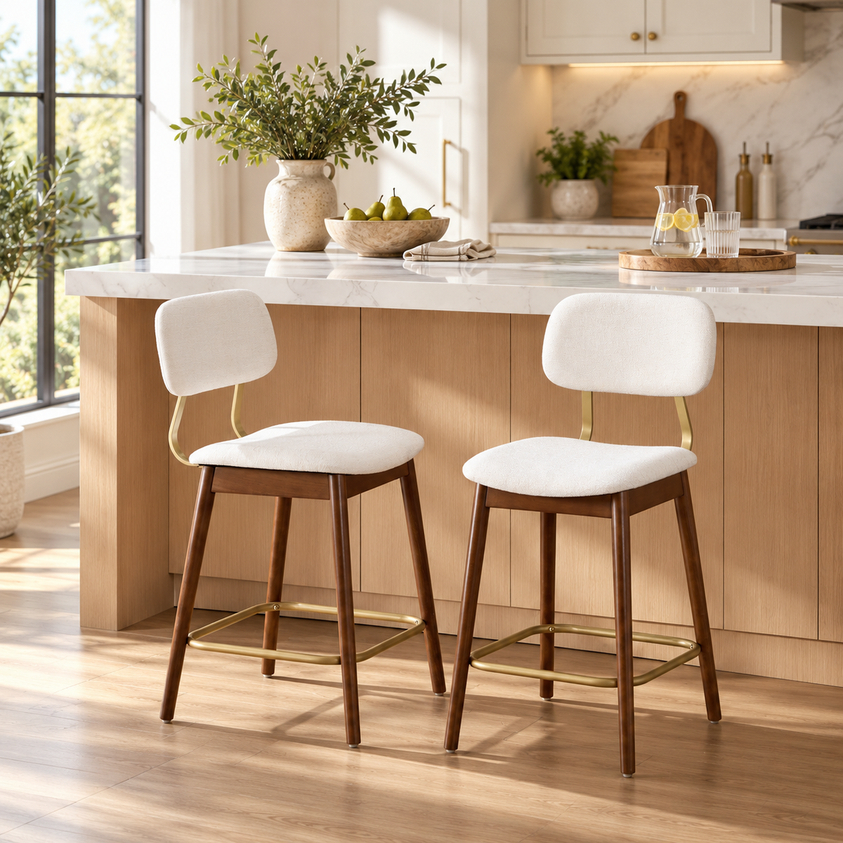 Fronsac 26" Upholstered Solid Wood Counter Height Stools with Gold-Tone Footrest Set of 2