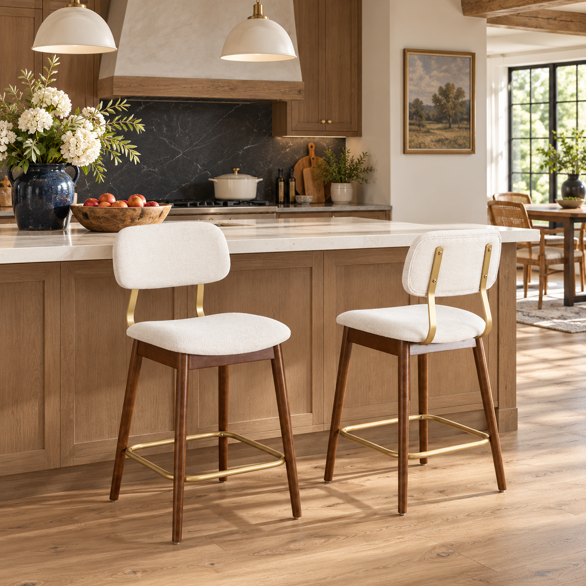 Fronsac 26" Upholstered Solid Wood Counter Height Stools with Gold-Tone Footrest Set of 2