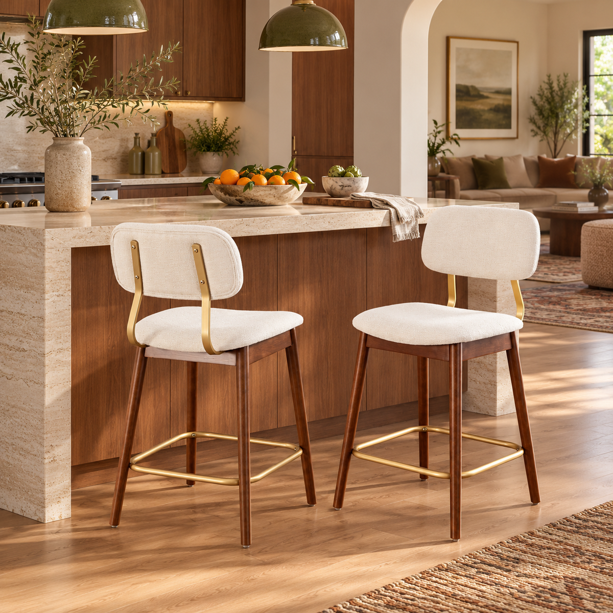 Fronsac 26" Upholstered Solid Wood Counter Height Stools with Gold-Tone Footrest Set of 2