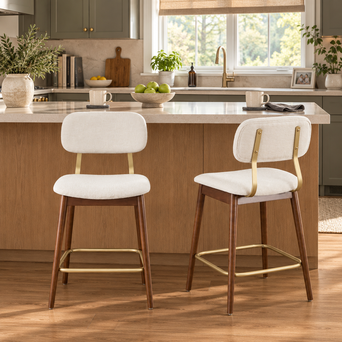 Fronsac 26" Upholstered Solid Wood Counter Height Stools with Gold-Tone Footrest Set of 2