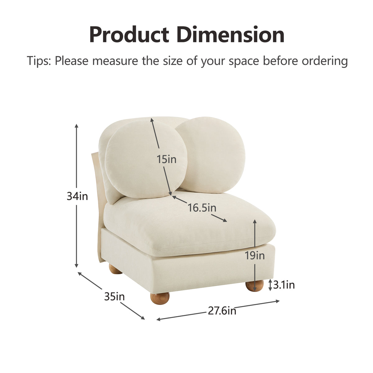 Montclair Cloud Armless Chenille Modular Sofa Add-On Seat with Round Bolster Pillows