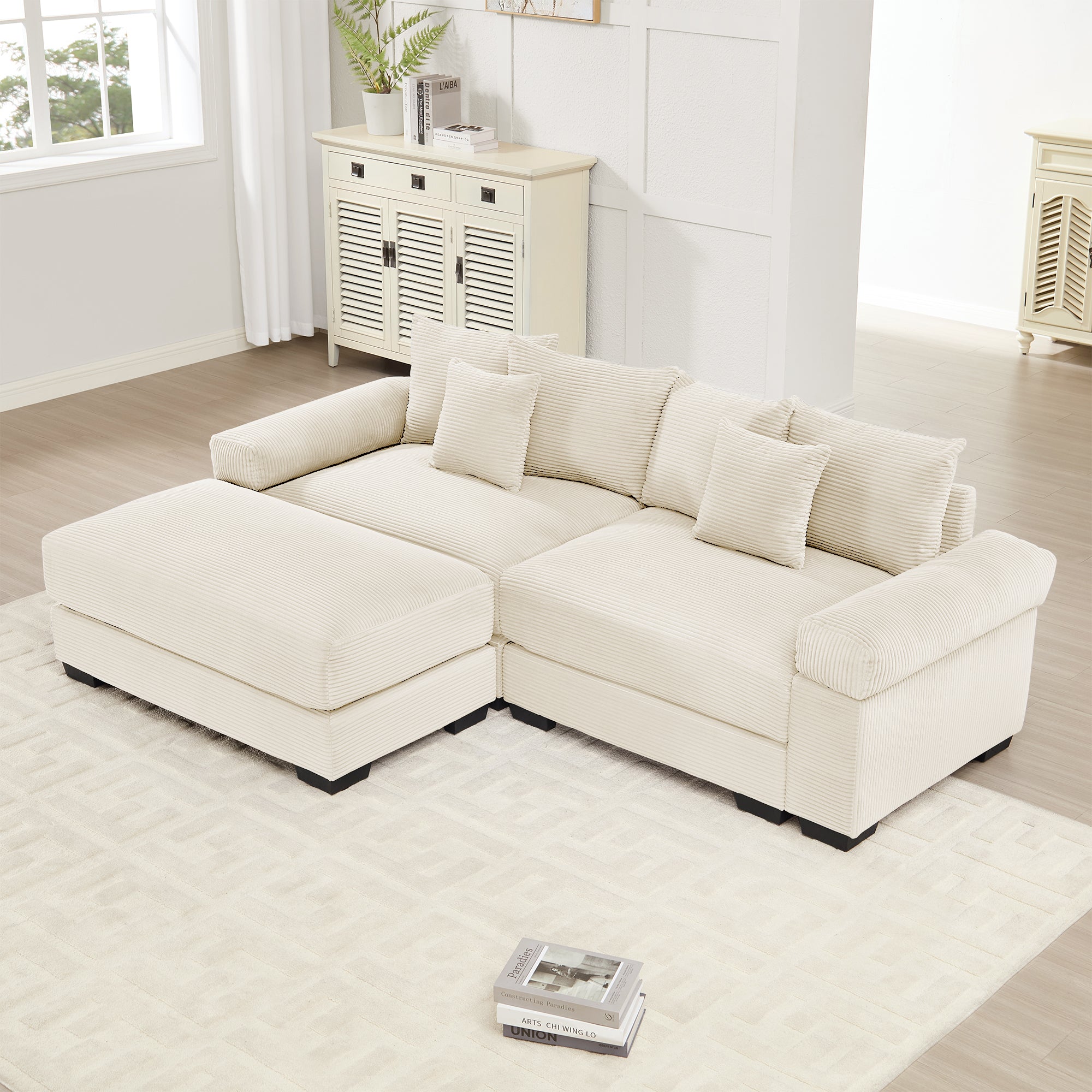 Albany 92" Modular Corduroy Cloud L-Shaped Sectional Sofa with Ottoman