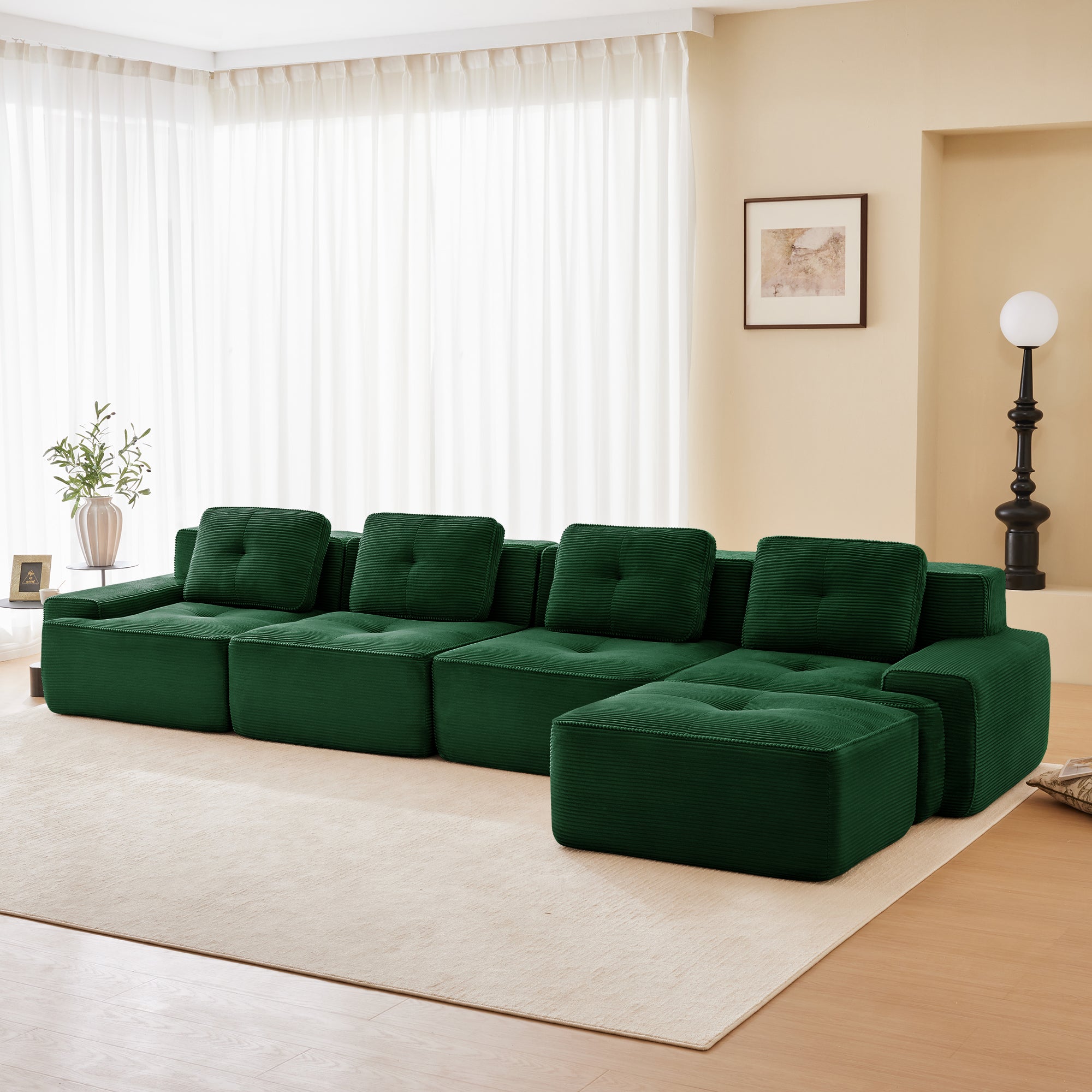 Racine 153" Modular Corduroy Fabric L-Shaped Sectional Sofa with Deep Seat and Movable Ottoman