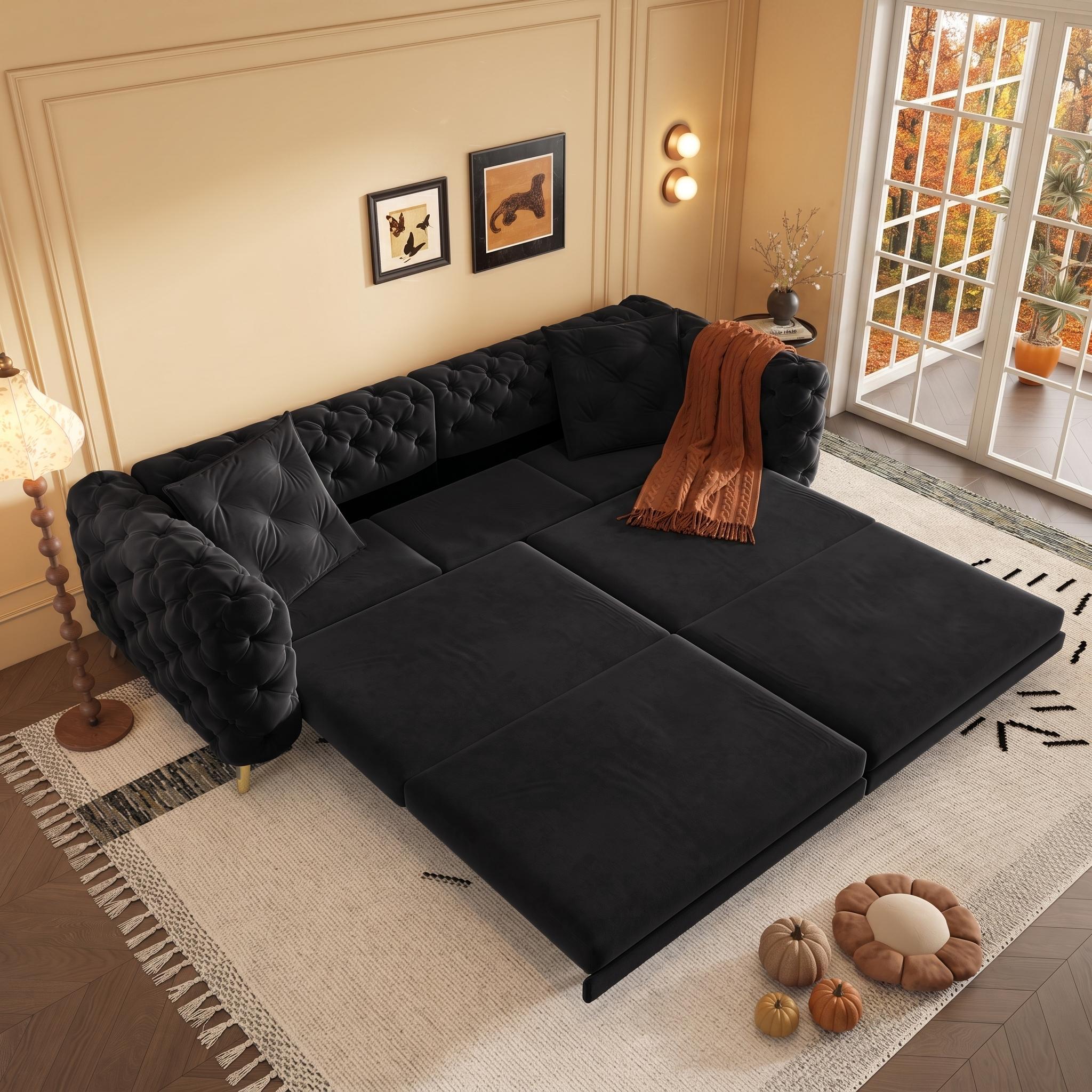 Allentown 98" Velvet Button Tufted 4-Seater Sleeper Sofa Bed with Movable Ottoman