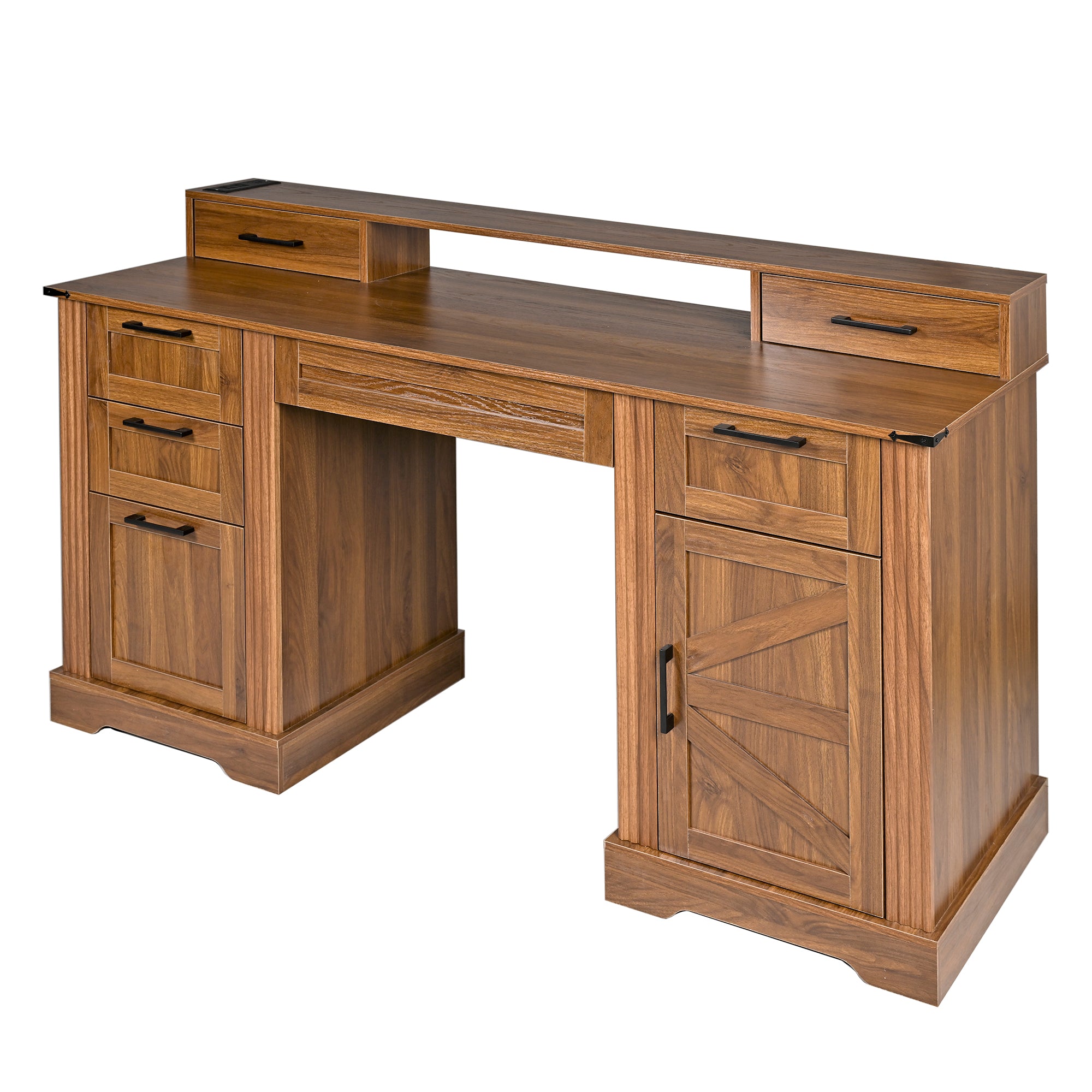 Kova 59" Farmhouse Office Desk with Storage Cabinets and Charging Station