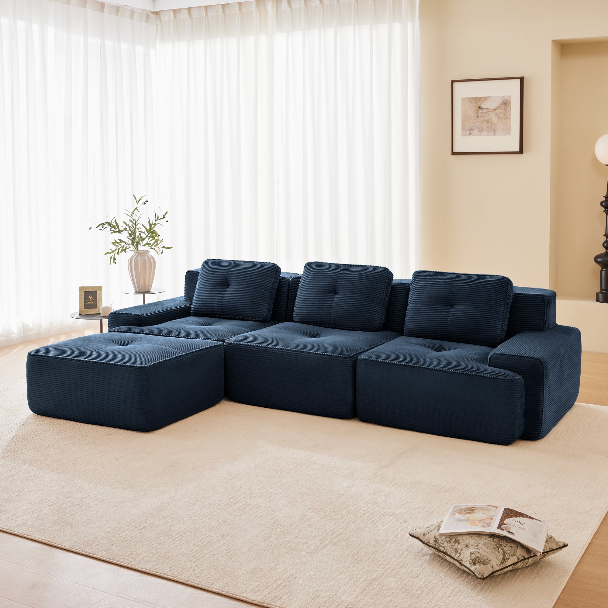 Racine 117" Modular Corduroy Fabric L-Shaped Sectional Sofa with Movable Ottoman