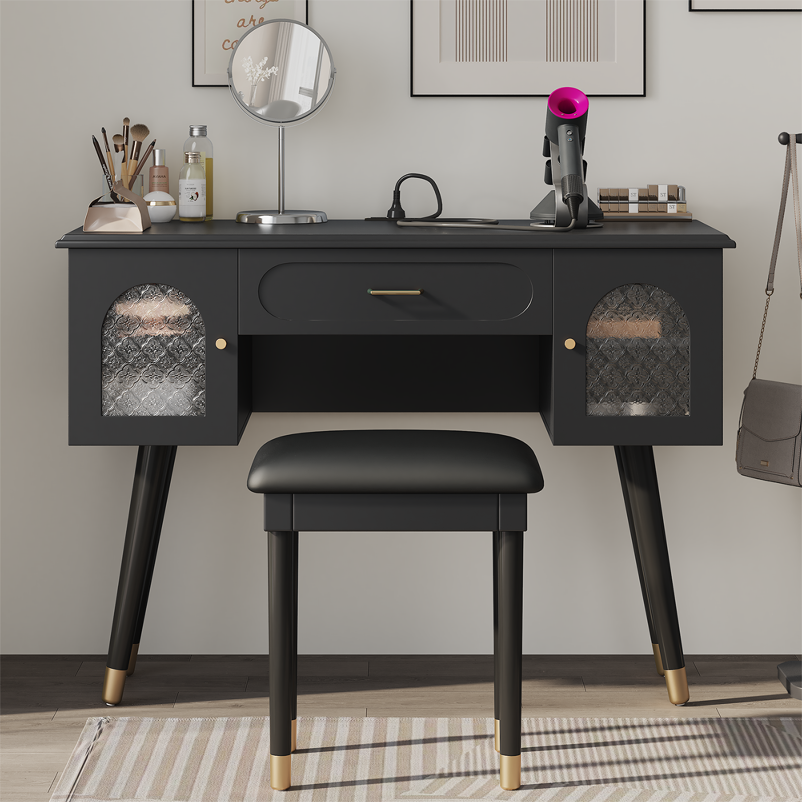 Elegant Vanity Makeup Table & Chair Set, Modern Dressing Table with Organizer, Writing Desk, Charging Port, Black