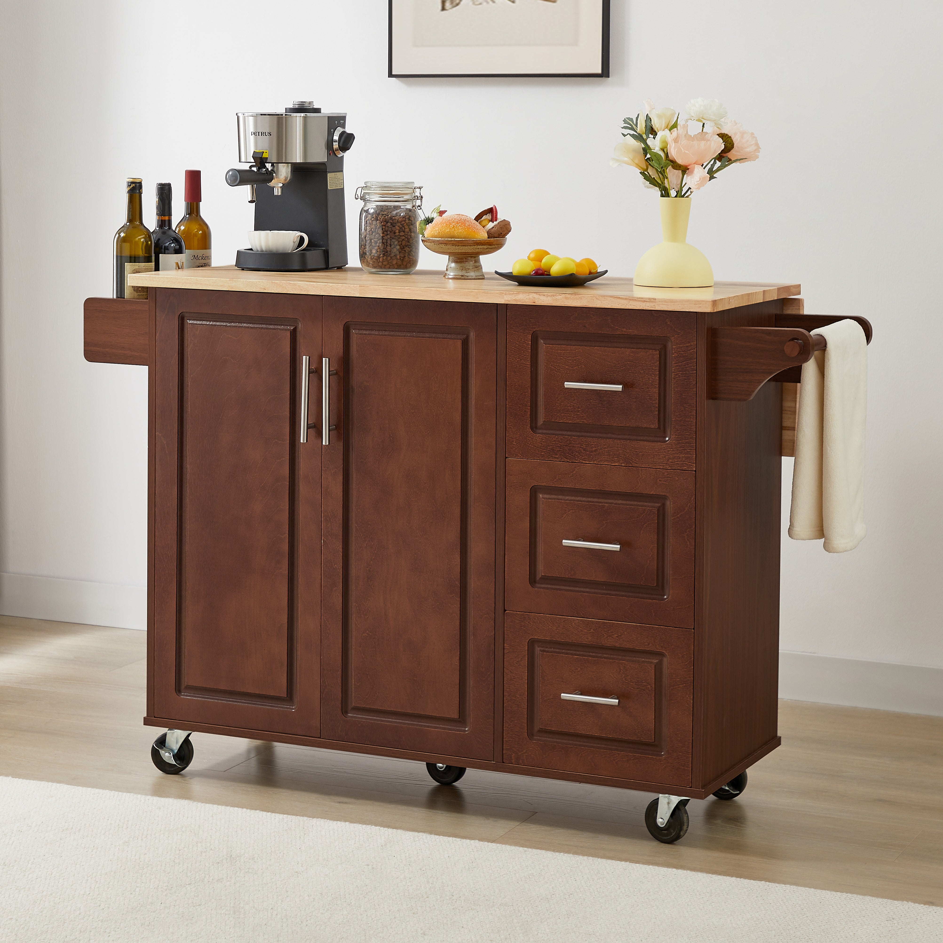 Sumatra 53" Rolling Kitchen Island with Solid Wood Countertop and Drop Leaf