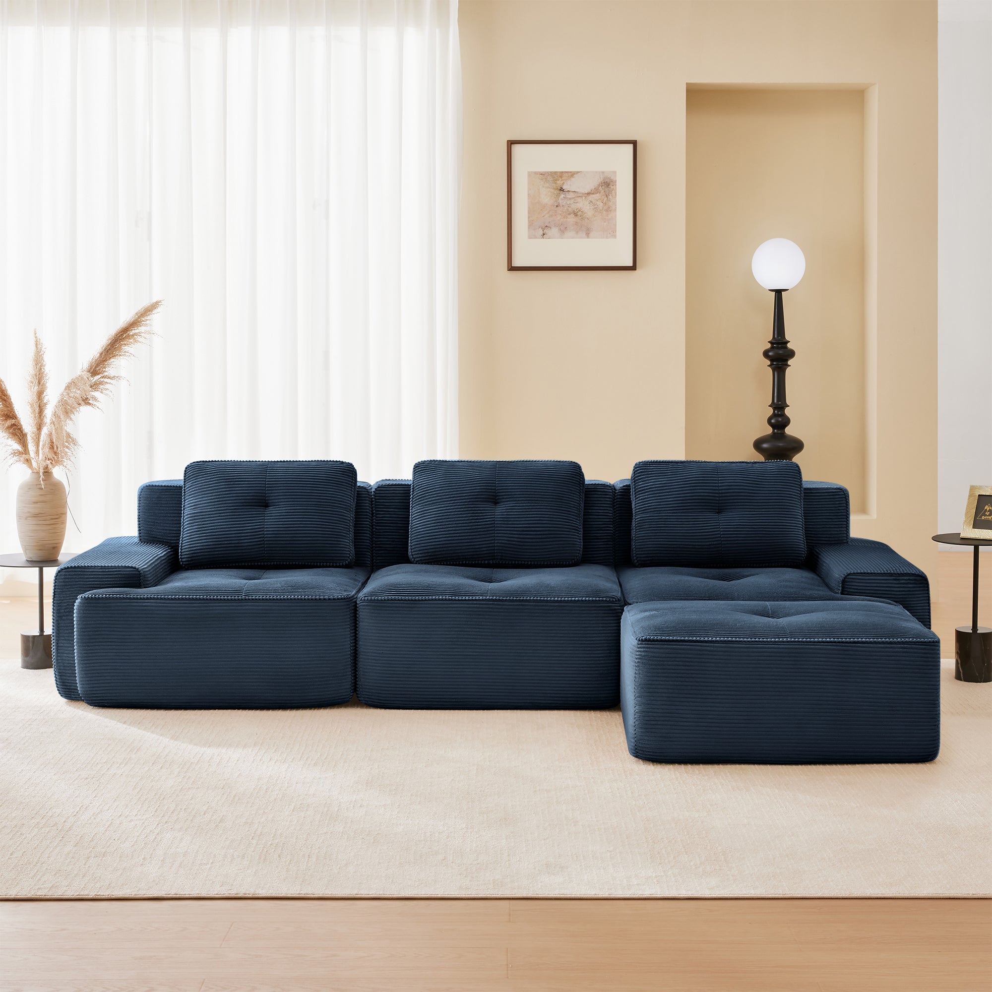 Racine 117" Modular Corduroy Fabric L-Shaped Sectional Sofa with Movable Ottoman