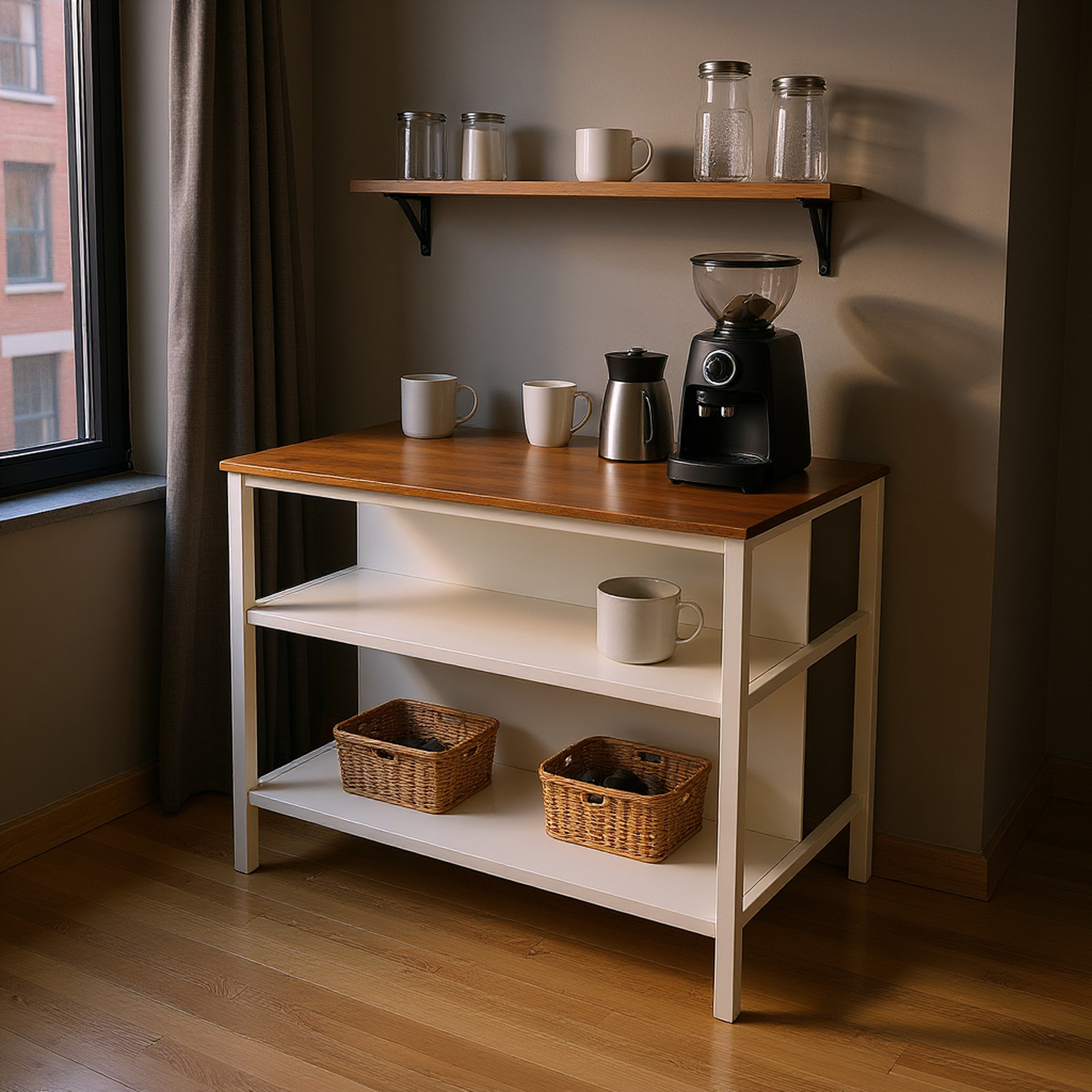 Solid Wood Rustic 45" Stationary Kitchen Island, Rubber Wood Butcher Block Dining Table Prep Table with 2 Open Shelves for Small Places