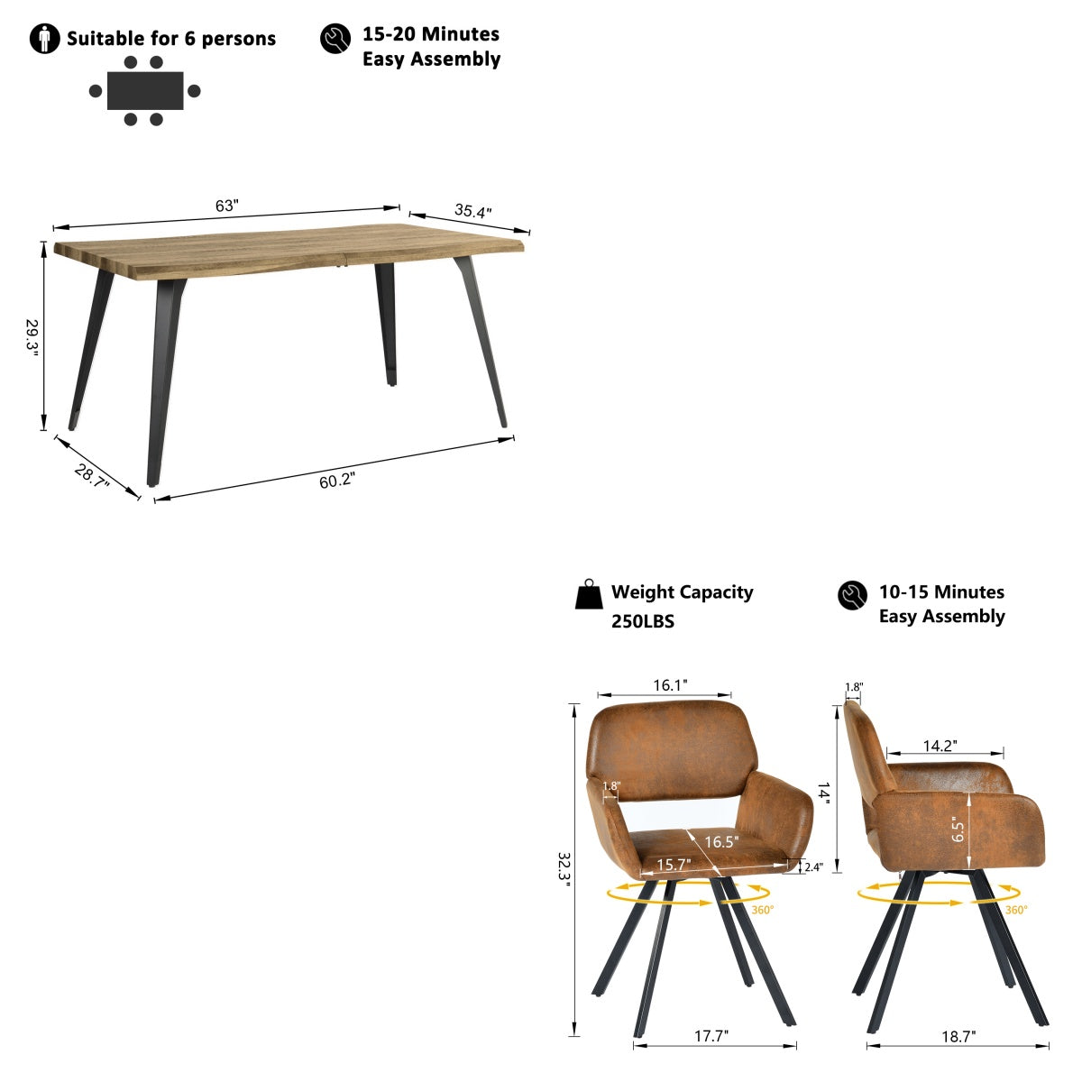 Homy Casa Lancelot 5 Piece Dining Set 63” Walnut Table with 4 Mayfair Upholstered Chairs,Brown