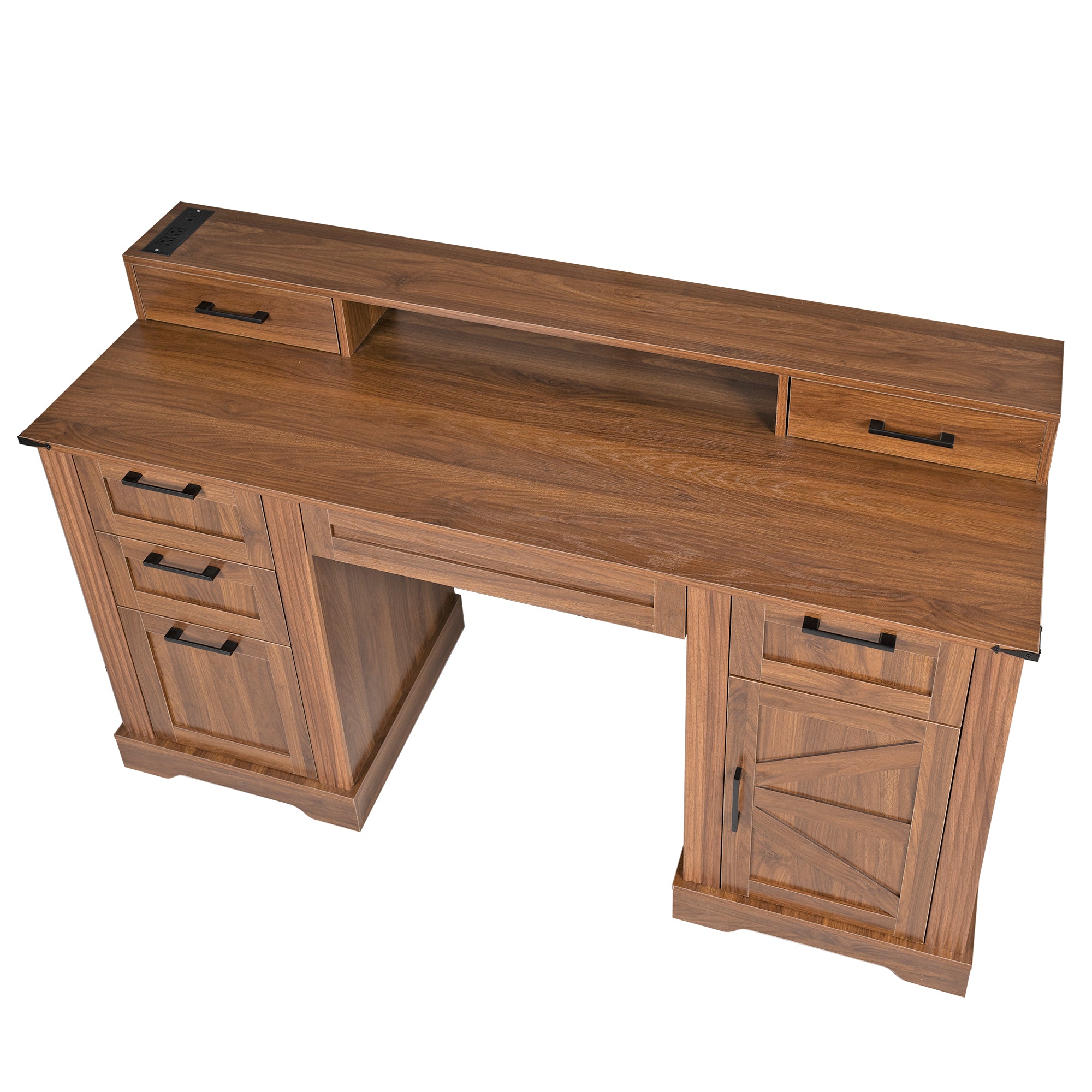 Kova 59" Farmhouse Office Desk with Storage Cabinets and Charging Station
