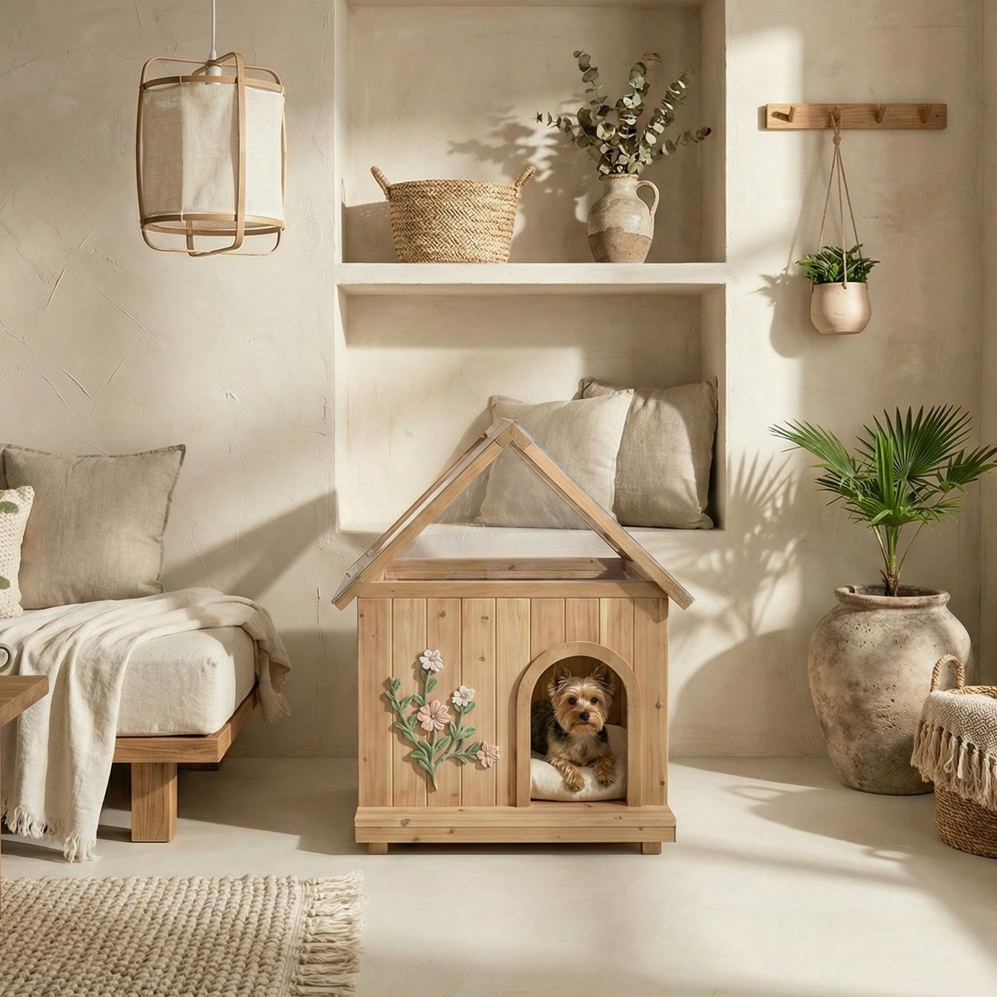 Homy Casa 24" x 22" x 32" Transparent Roof Pet House for Cats & Small Dogs, Indoor Cedar Shelter, White/Wood