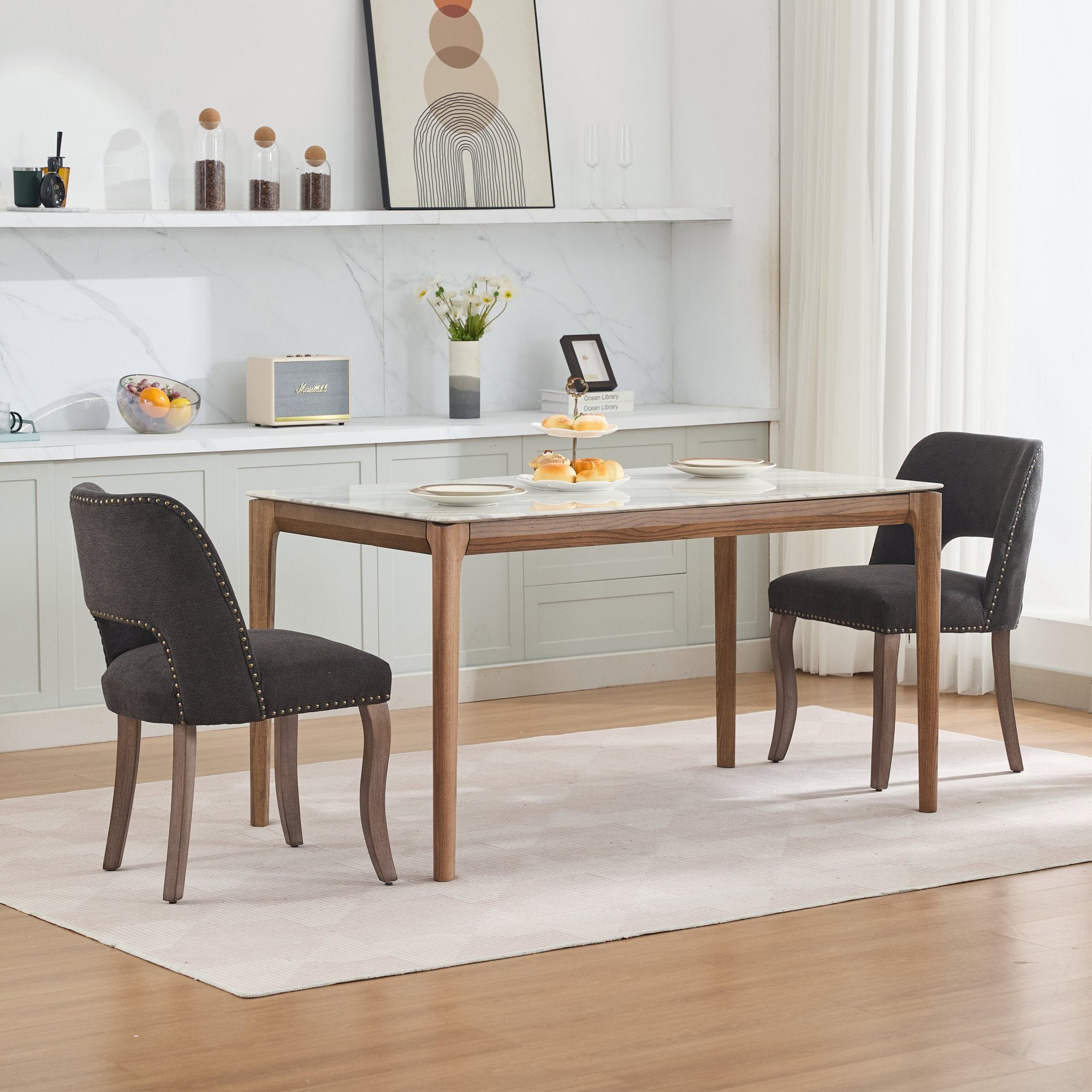 Tiberis Modern Fabric Upholstered Dining Chair Set of 2 Wood Frame