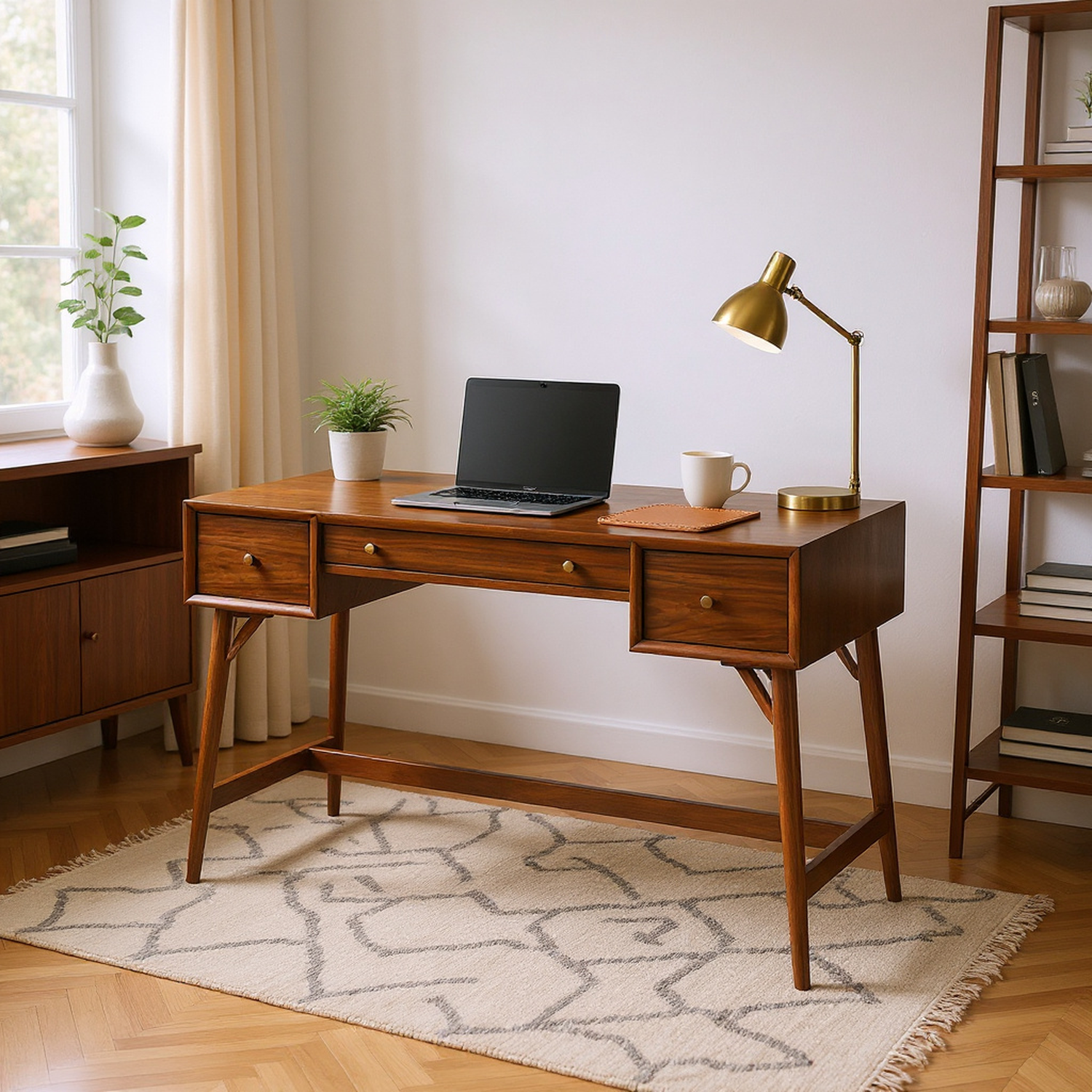 Modern Styling Counter Height Writing Desk Brown Finish Storage Drawers