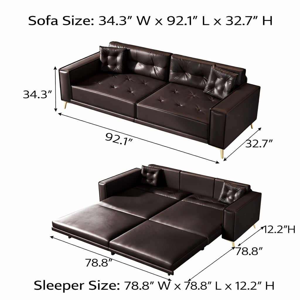 Lexington 92" Faux Leather 4-Seater Sleeper Sofa Bed with Ultra Wide Armrests and Pillows