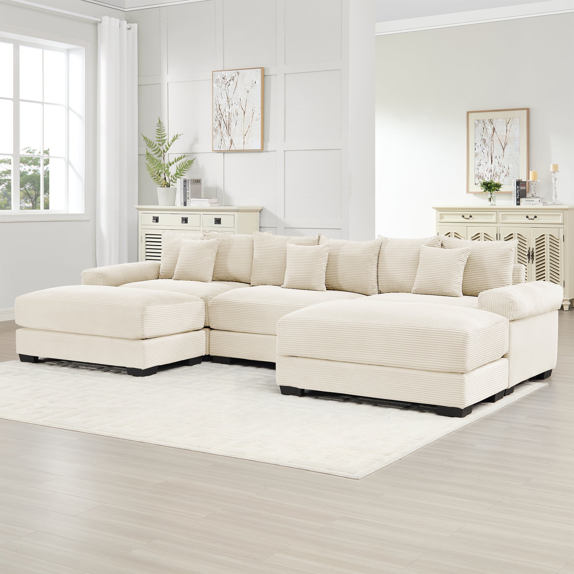 Albany 130" Modular Corduroy Cloud U-Shaped Sectional Sofa with Ottomans