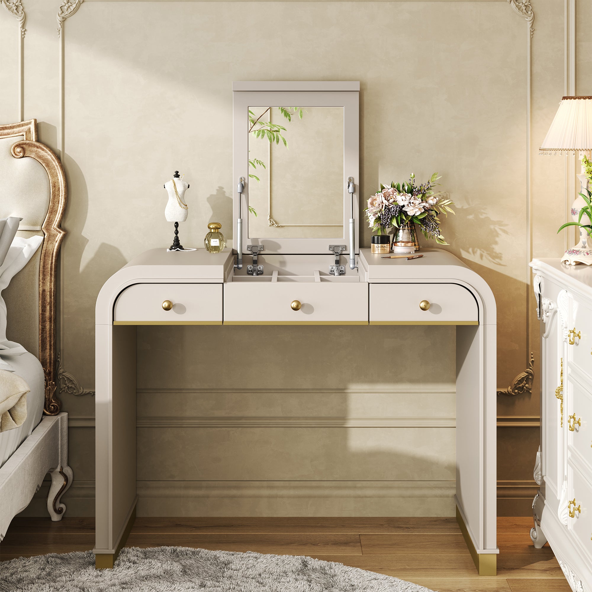 Hilma 38.8" Makeup Vanity Set with Flip-Top Mirror and Hidden Storage