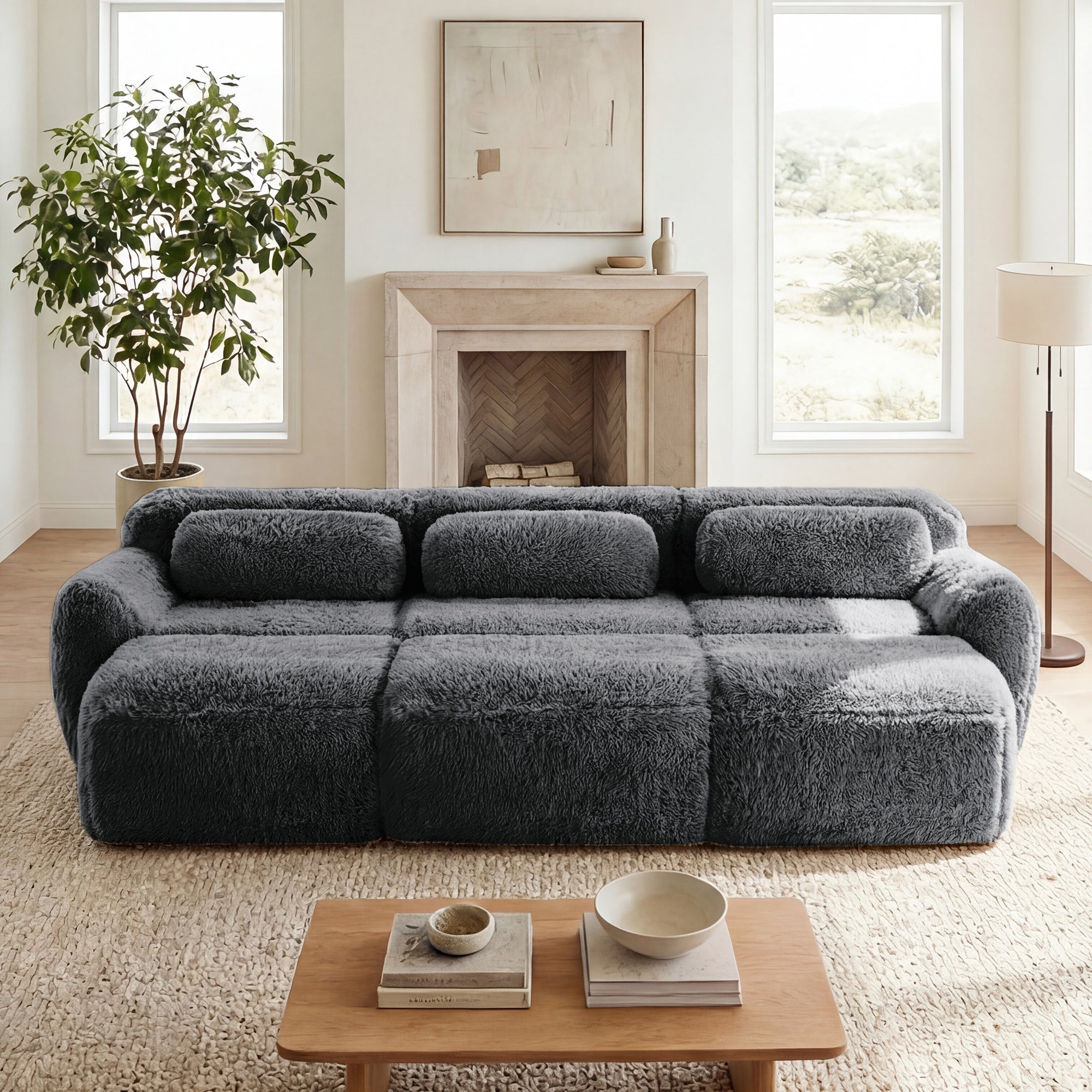 Durham 115" Modular Corduroy Plush 3-Seater Sofa with High-Density Sponge and Movable Ottomans