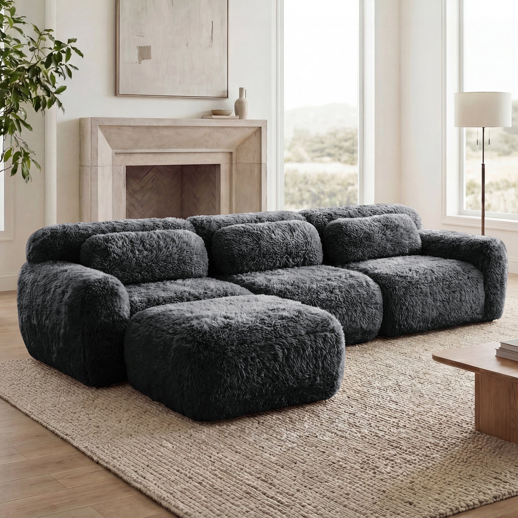 Durham 115" L-Shaped Plush Sectional Sofa with Movable Ottoman and High-Density Sponge