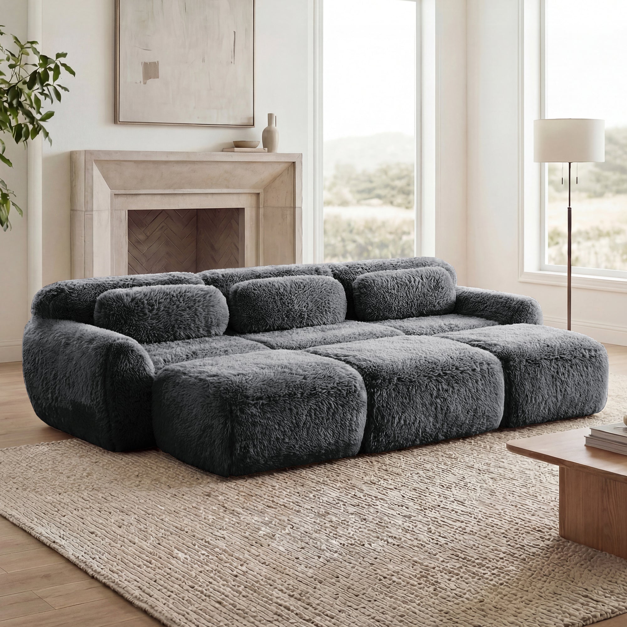 Durham 115" Modular Corduroy Plush 3-Seater Sofa with High-Density Sponge and Movable Ottomans