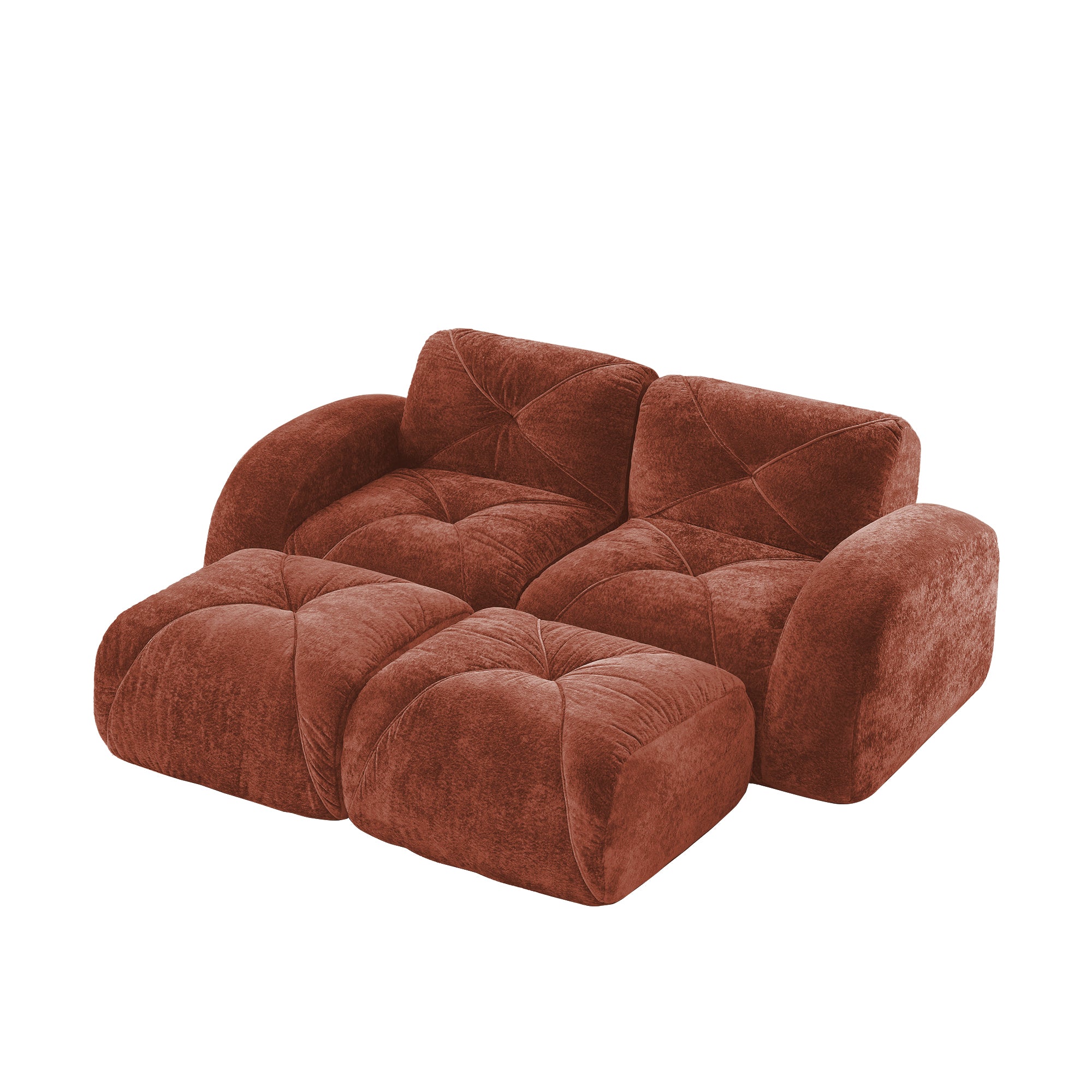 Aven 80" Modular Velvet Cloud Loveseat Sofa with 2 Ottomans and Curved Armrests