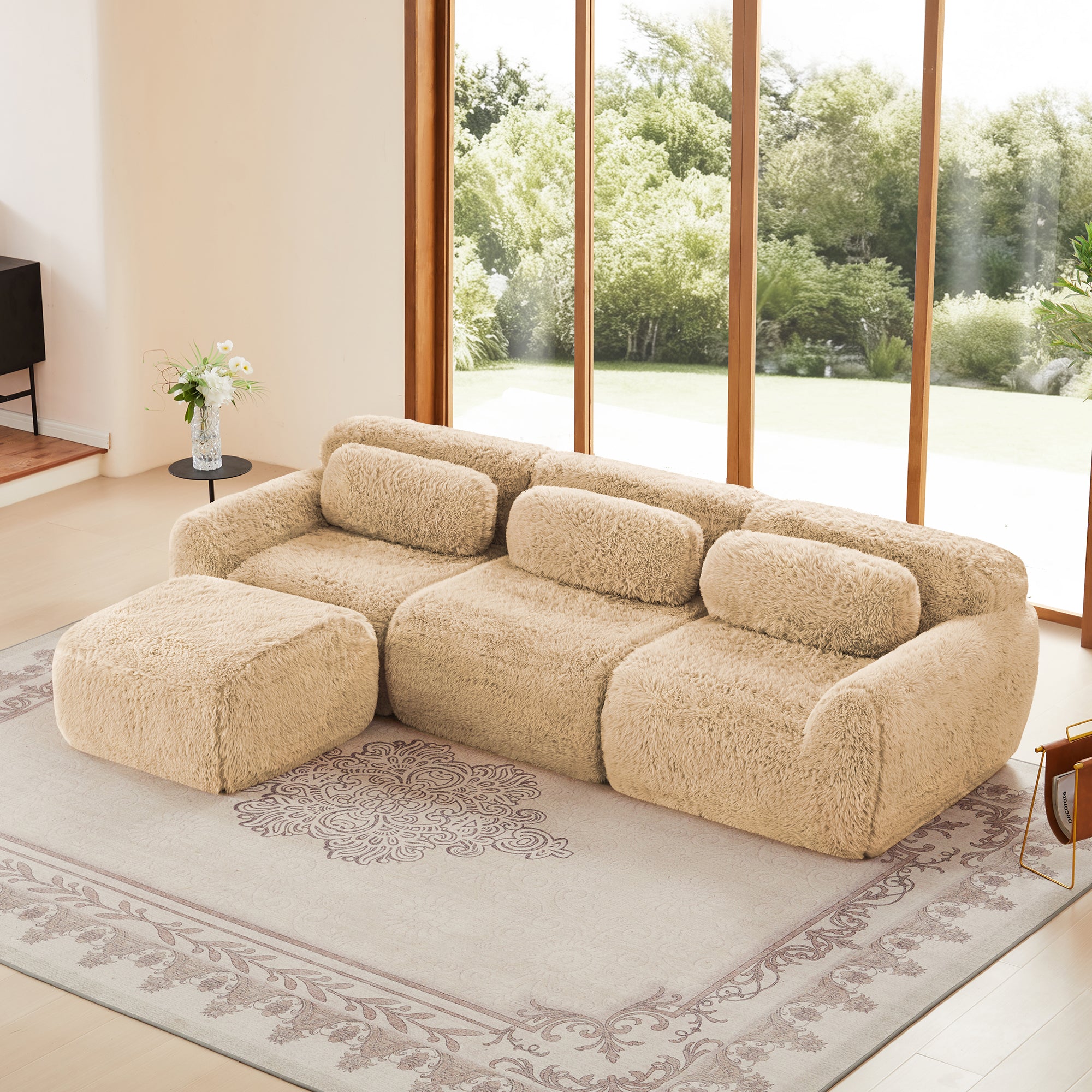 Durham 115" L-Shaped Plush Sectional Sofa with Movable Ottoman and High-Density Sponge