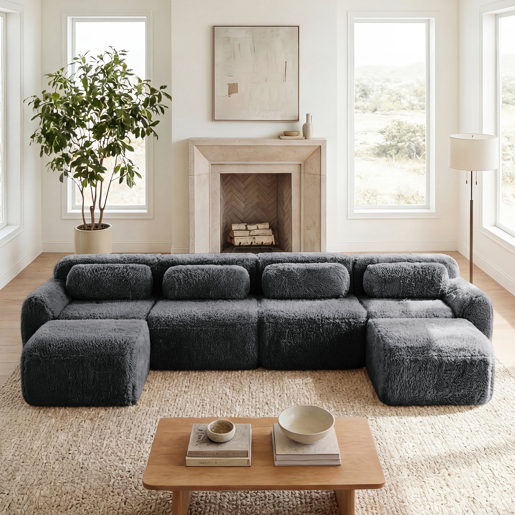 Durham 149" Modular Corduroy Plush U-Shaped Sectional Sofa with High-Density Sponge
