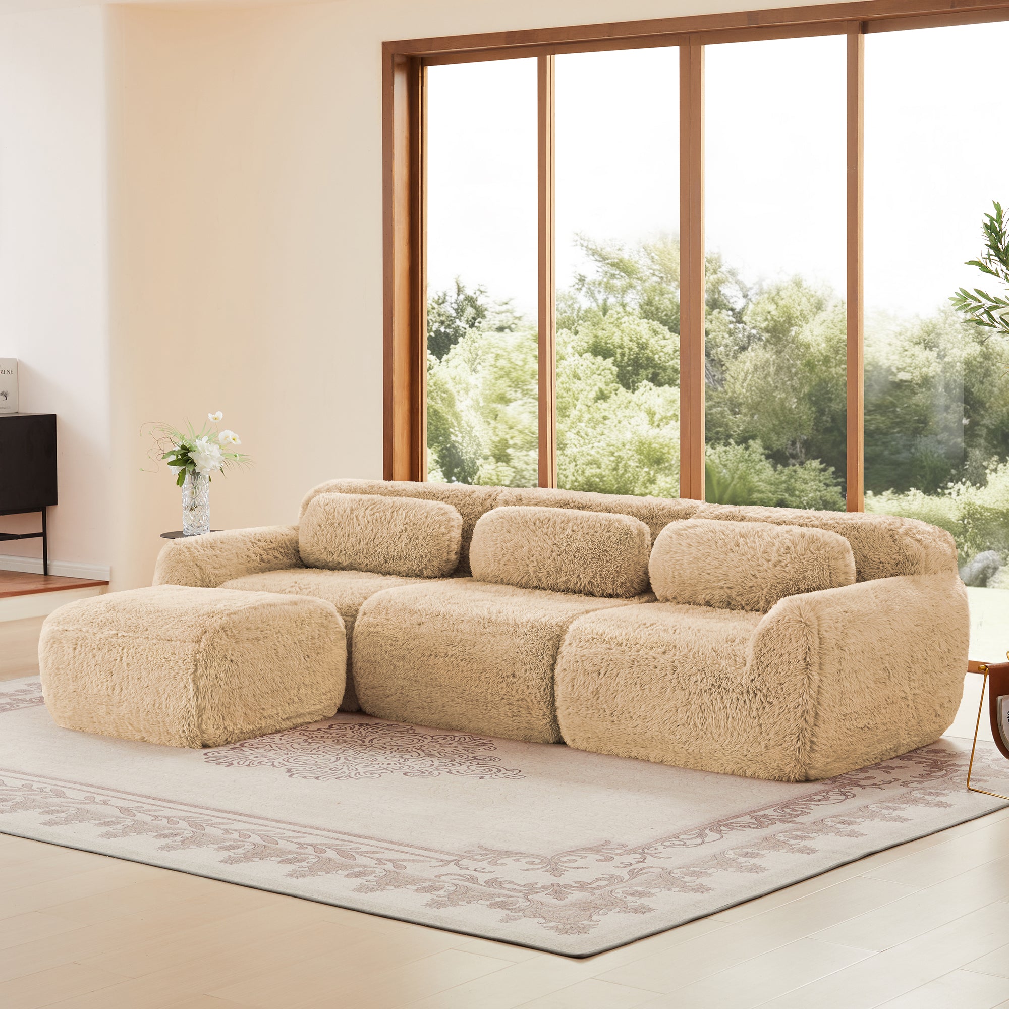 Durham 115" L-Shaped Plush Sectional Sofa with Movable Ottoman and High-Density Sponge