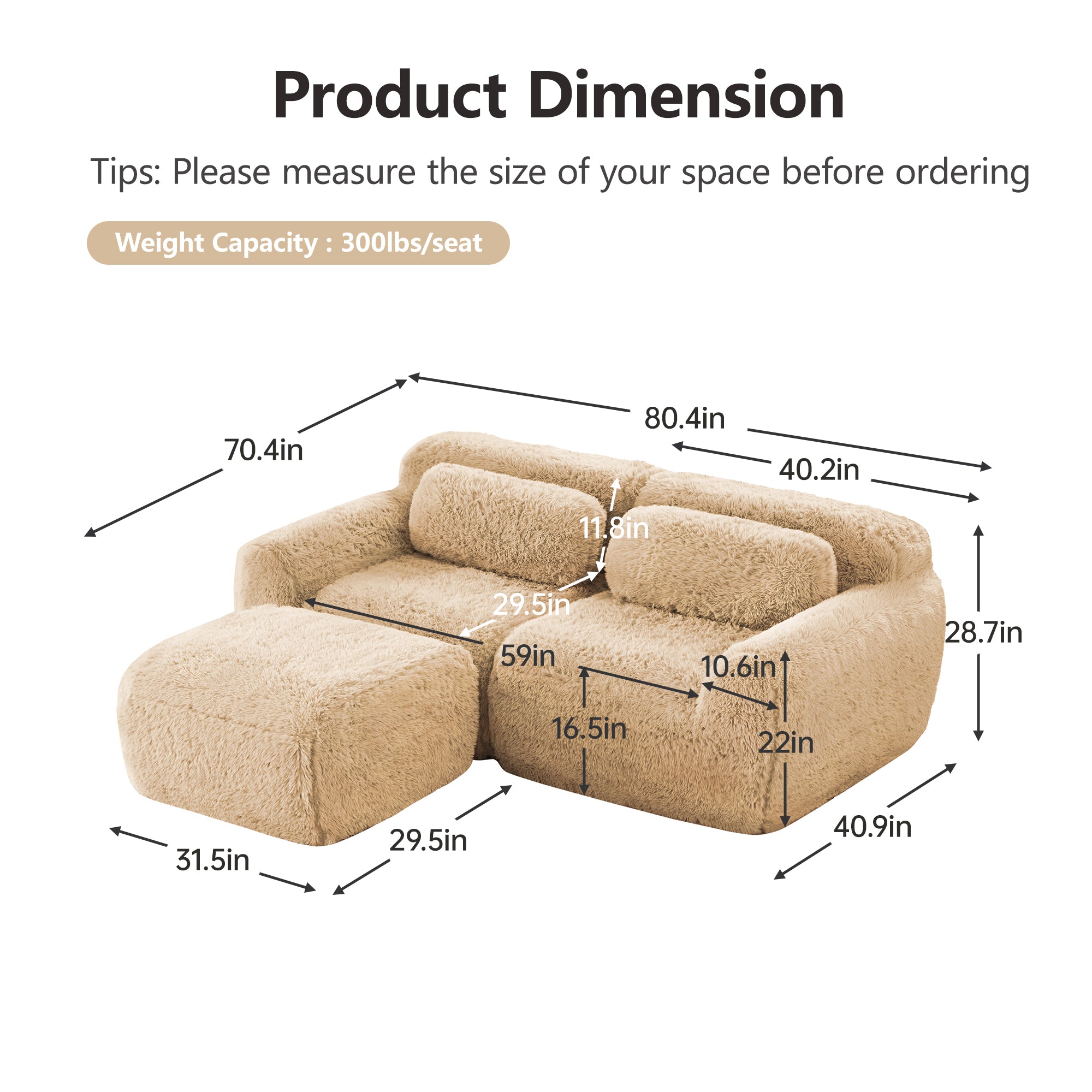 Durham 80" Modular Plush Cloud L-Shaped Loverseat Sofa with Ottoman