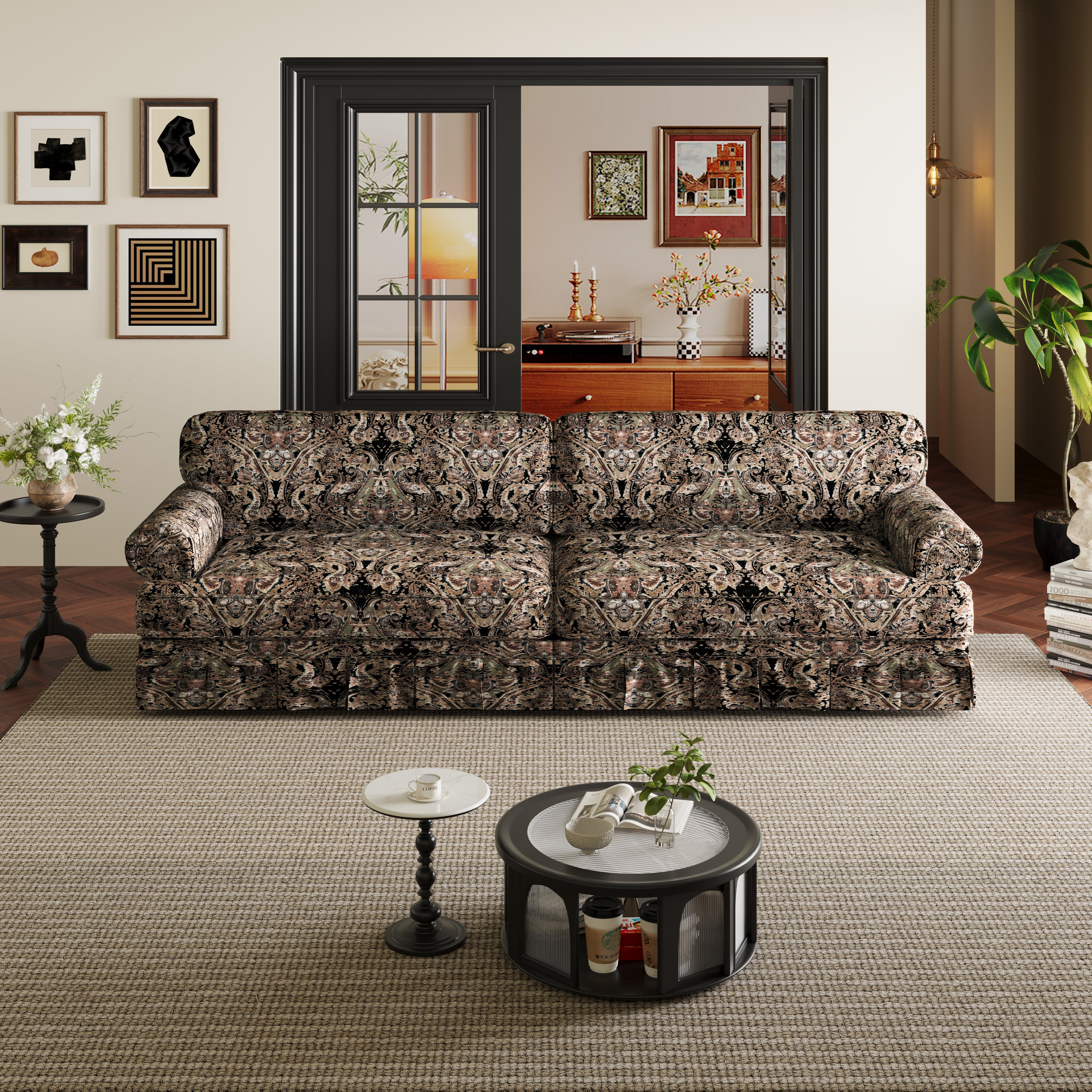 Livonia 94" Oxford Fabric 4-Seater Sofa with Rolled Arms and Pleated Skirt Mid-Century Design