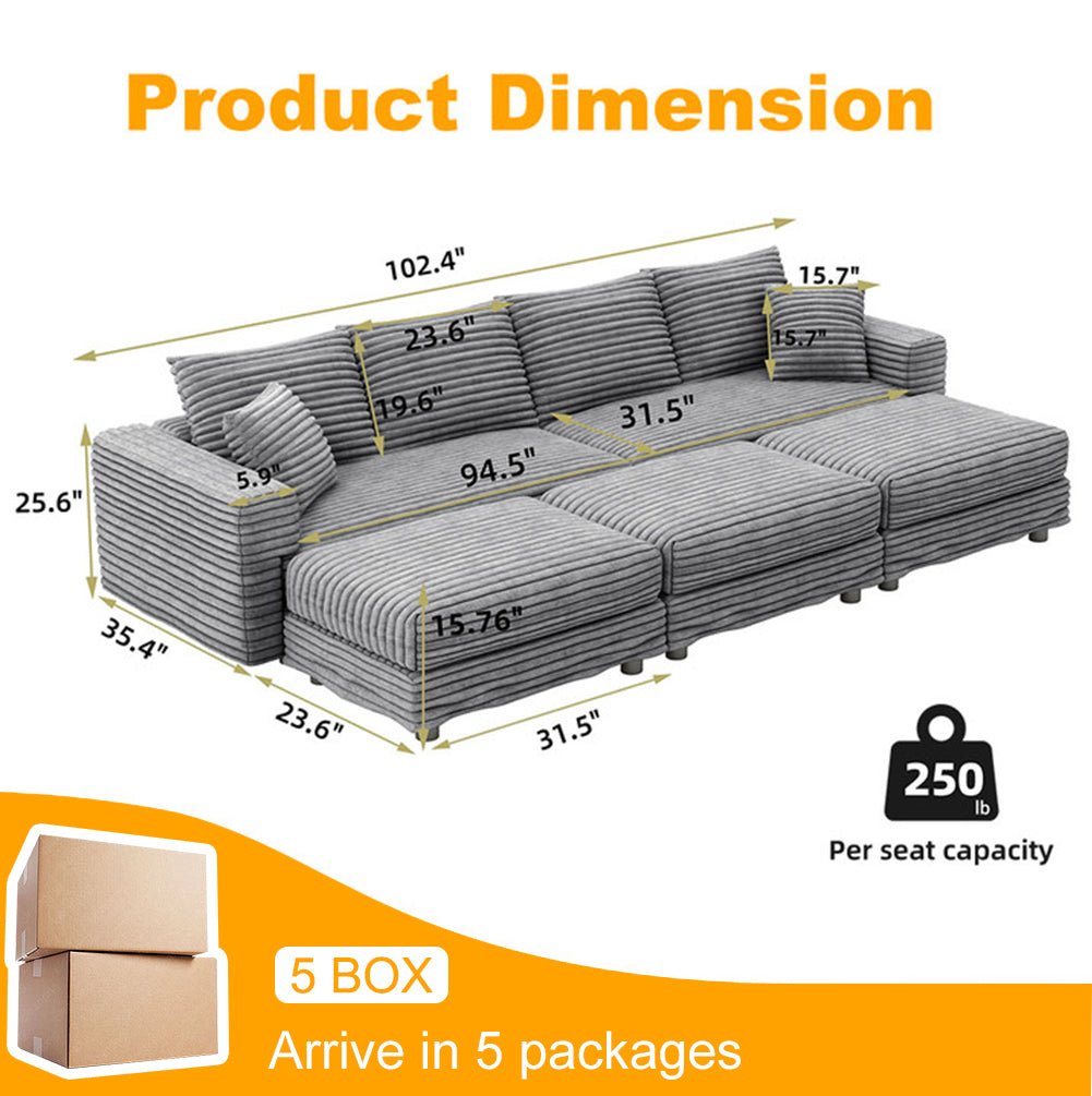 Norwalk 102" Modular Plush Corduroy Sectional Sofa with 3 Movable Ottomans