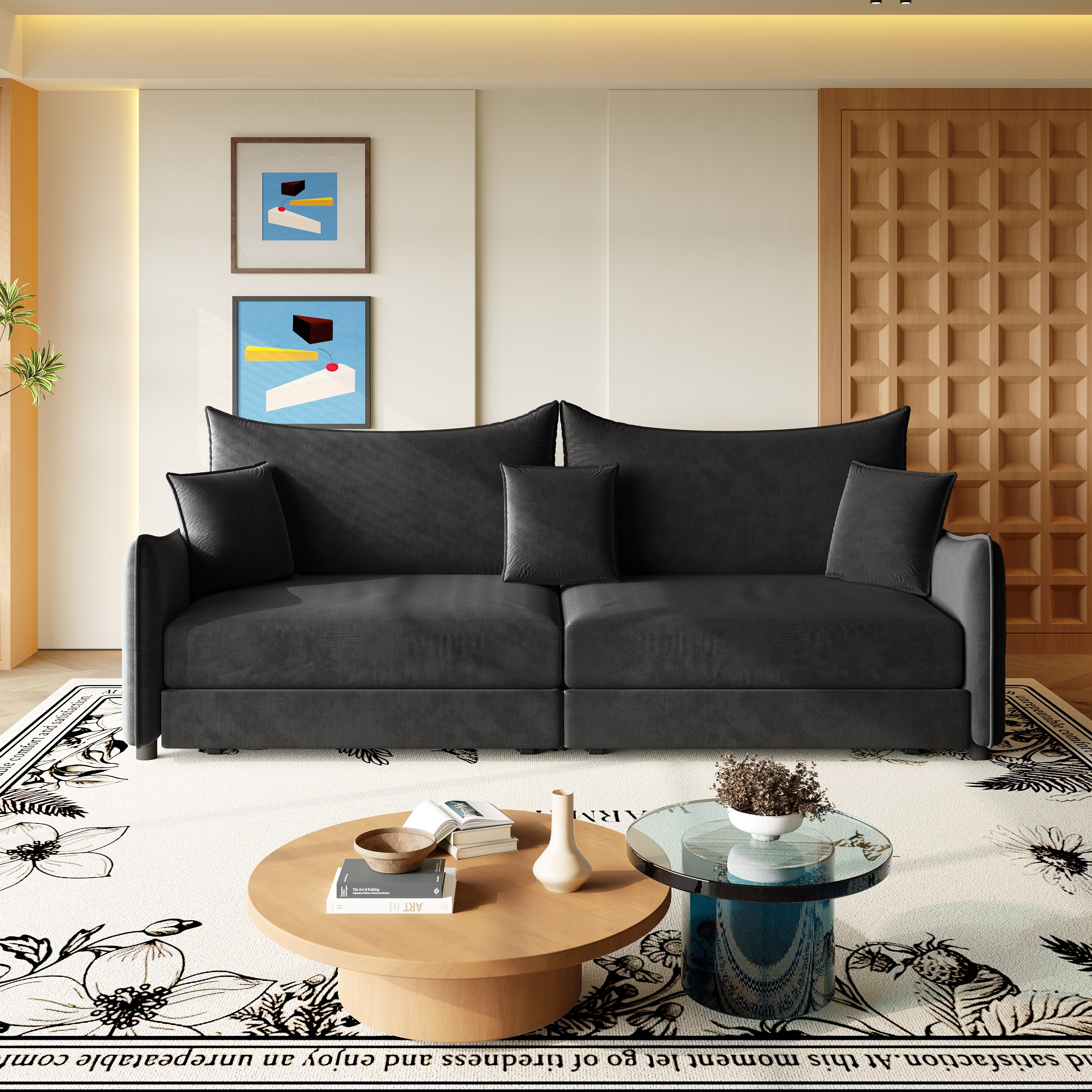 Hesperia 82" Modular Velvet 3-in-1 Convertible Sofa Bed with Pillows