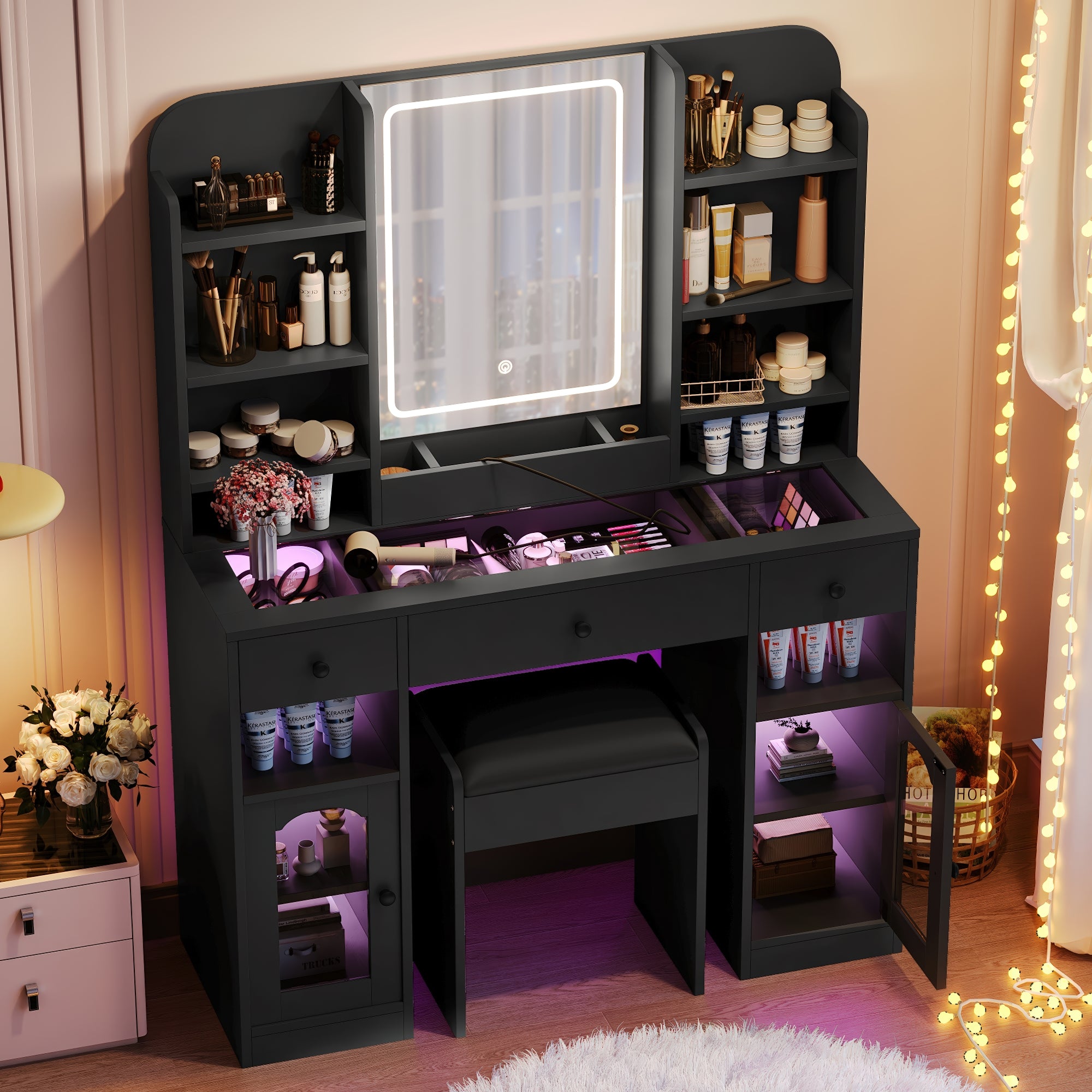 Idun 43.2" Makeup Vanity Set with LED Mirror and Lighted Glass Cabinets