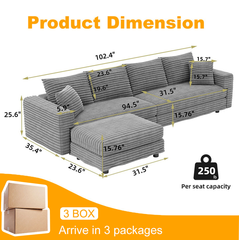 Norwalk 102" Modular Plush Corduroy L-Shaped Sectional Sofa with Movable Ottoman
