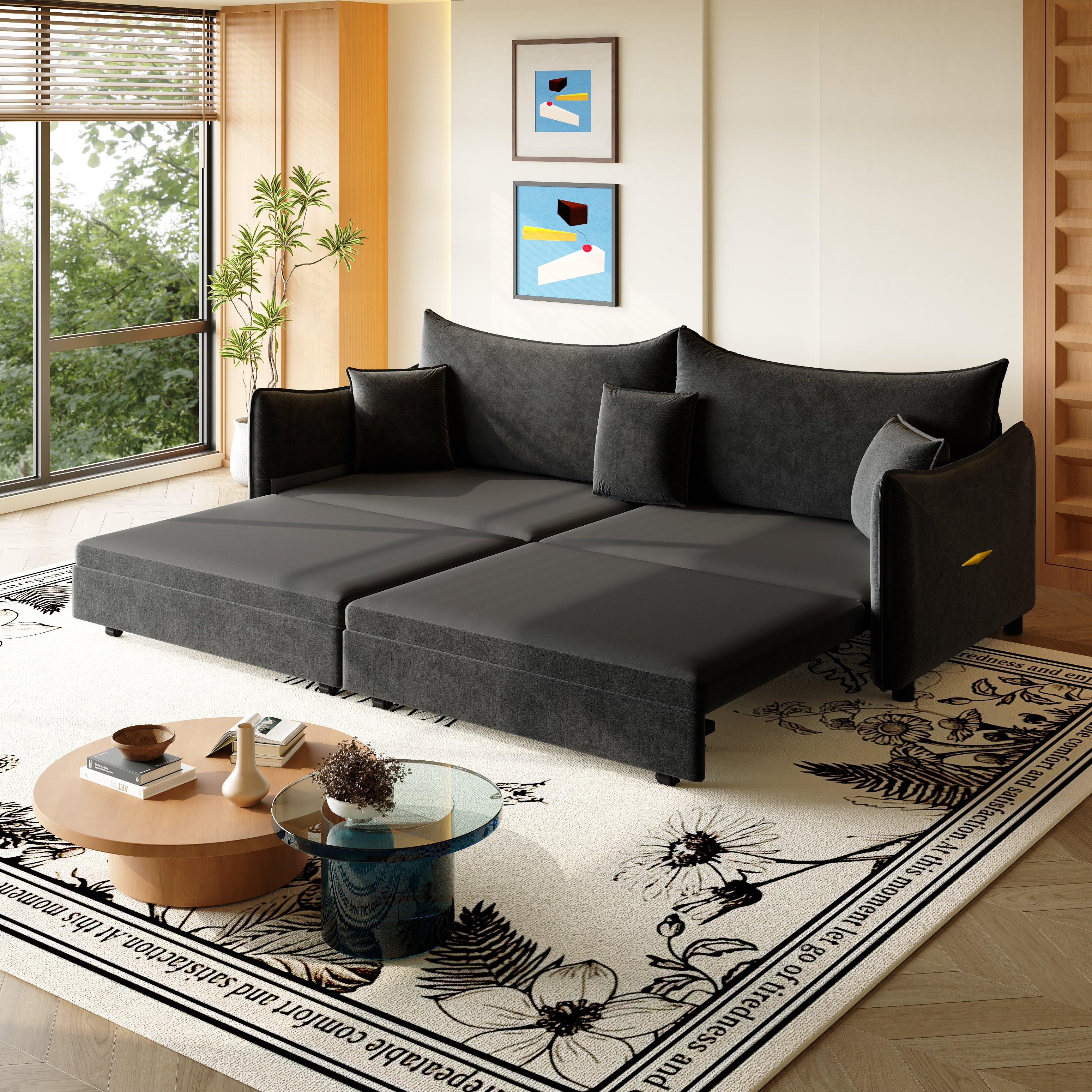 Hesperia 82" Modular Velvet 3-in-1 Convertible Sofa Bed with Pillows