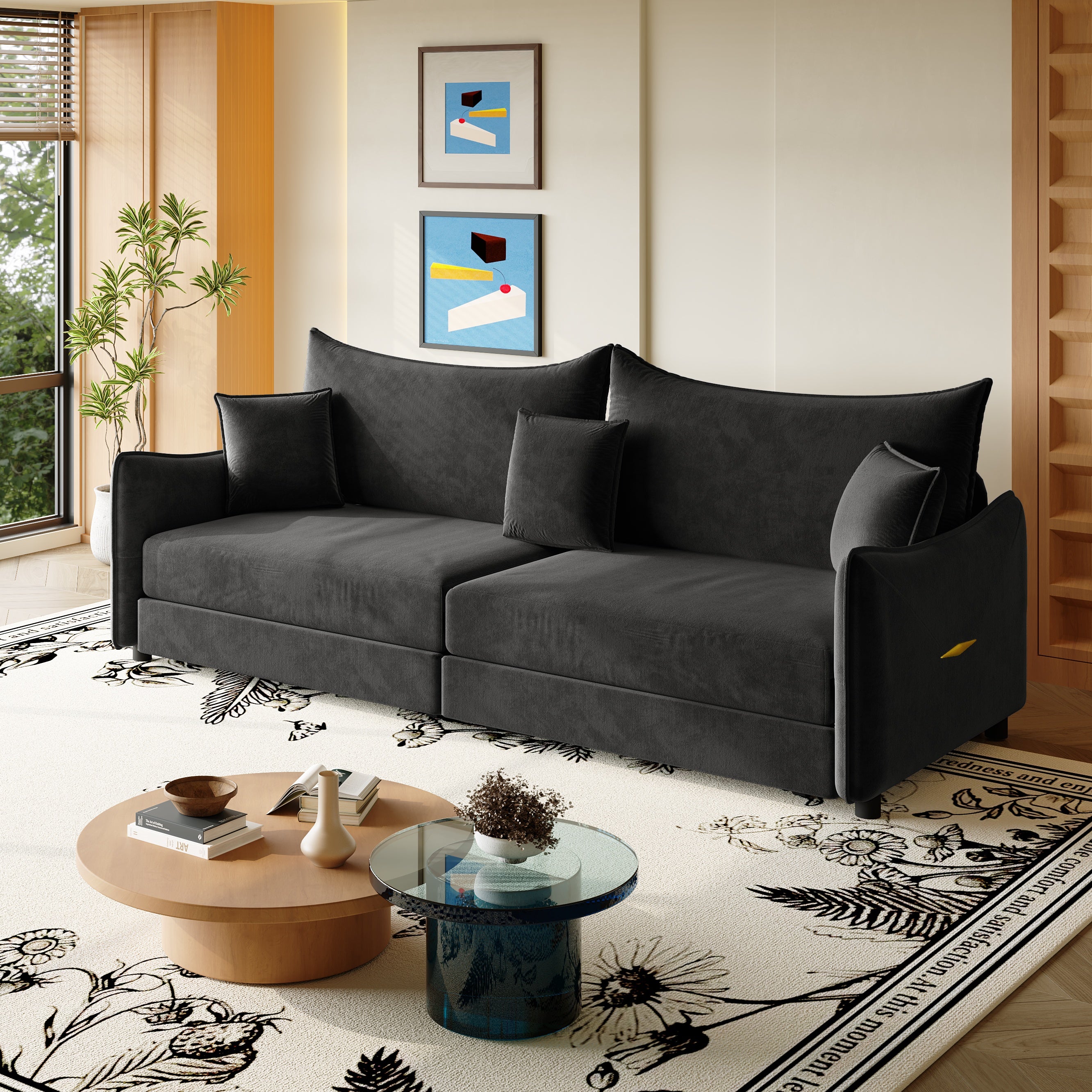 Hesperia 82" Modular Velvet 3-in-1 Convertible Sofa Bed with Pillows