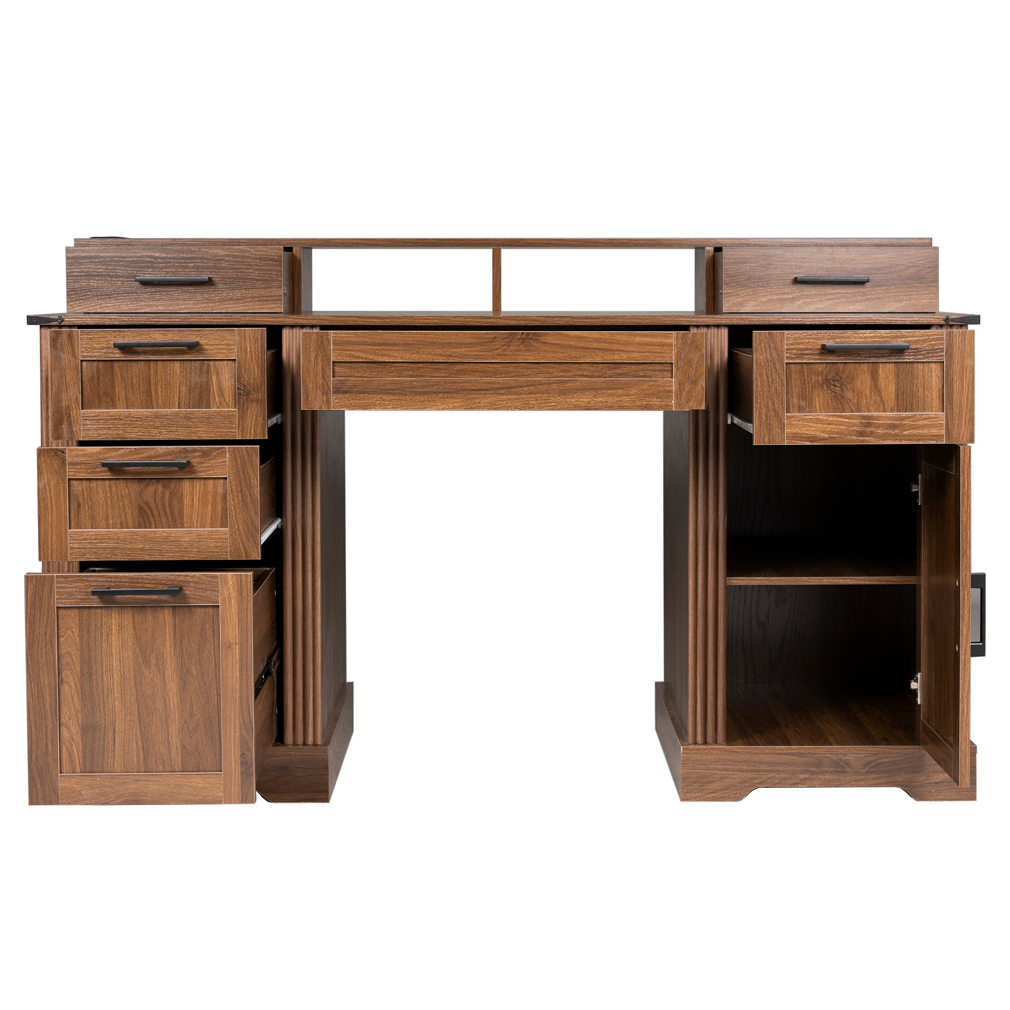 Kova 59" Farmhouse Office Desk with Storage Cabinets and Charging Station