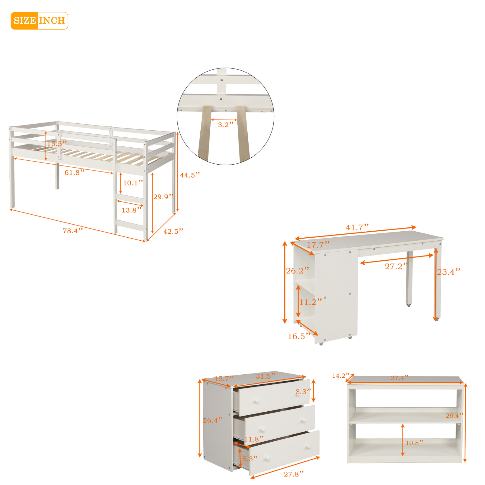 Ylven Twin Size Low Loft Bed with Rolling Desk, Three-Drawer Chest and Bookshelf