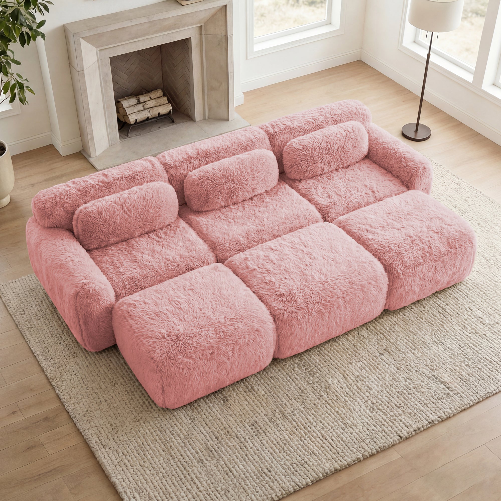 Durham 115" Modular Corduroy Plush 3-Seater Sofa with High-Density Sponge and Movable Ottomans