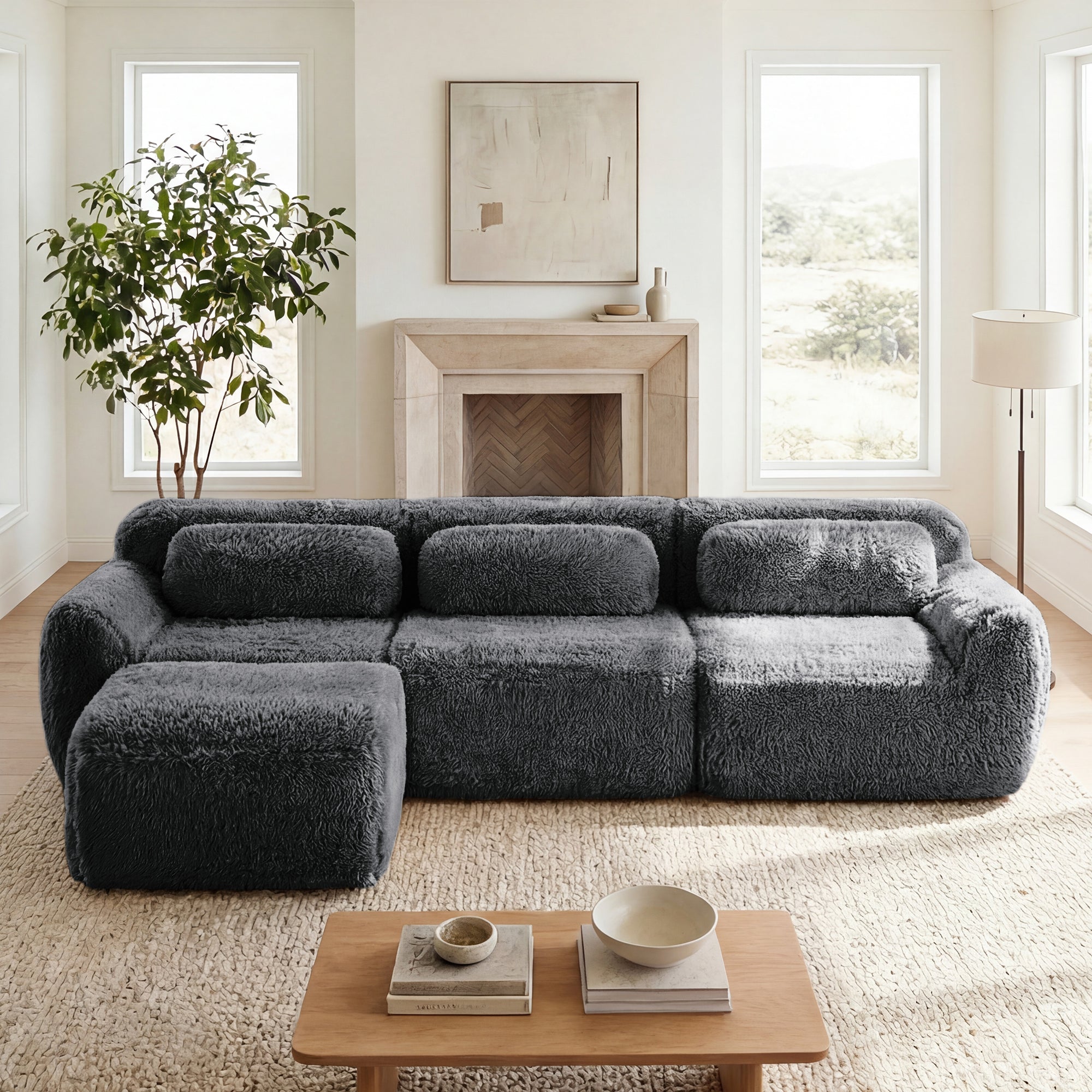 Durham 115" L-Shaped Plush Sectional Sofa with Movable Ottoman and High-Density Sponge