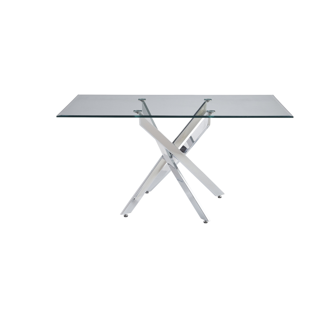 Vela 59" Modern Glass Rectangular Dining Table with Cross Chrome Base