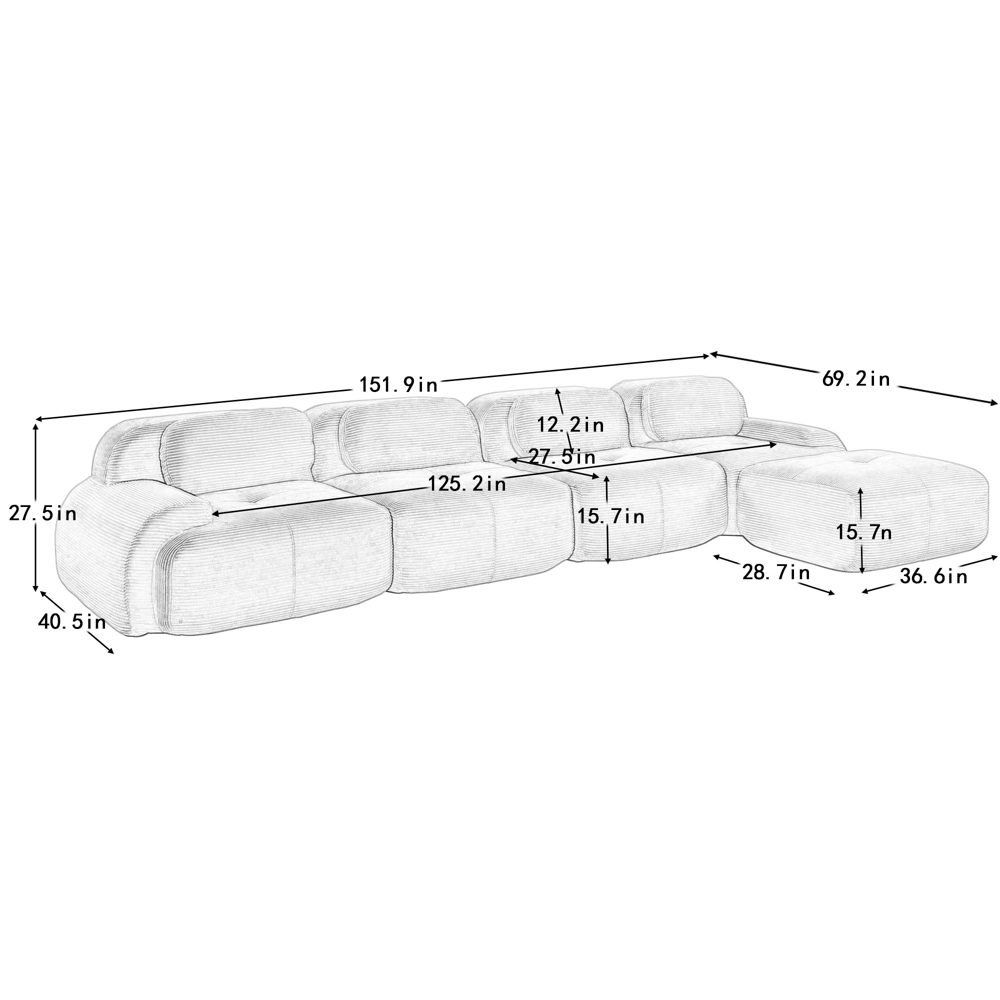 Anchorage 152" Modular Corduroy Cloud L-Shaped Sectional Sofa with Ottoman