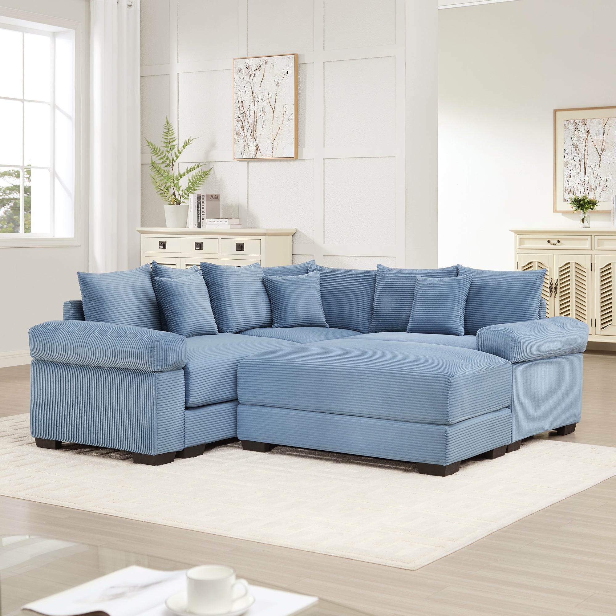 Albany 79" 4 Pieces Corduroy Modular Corner Sectional Sofa with Ottoman