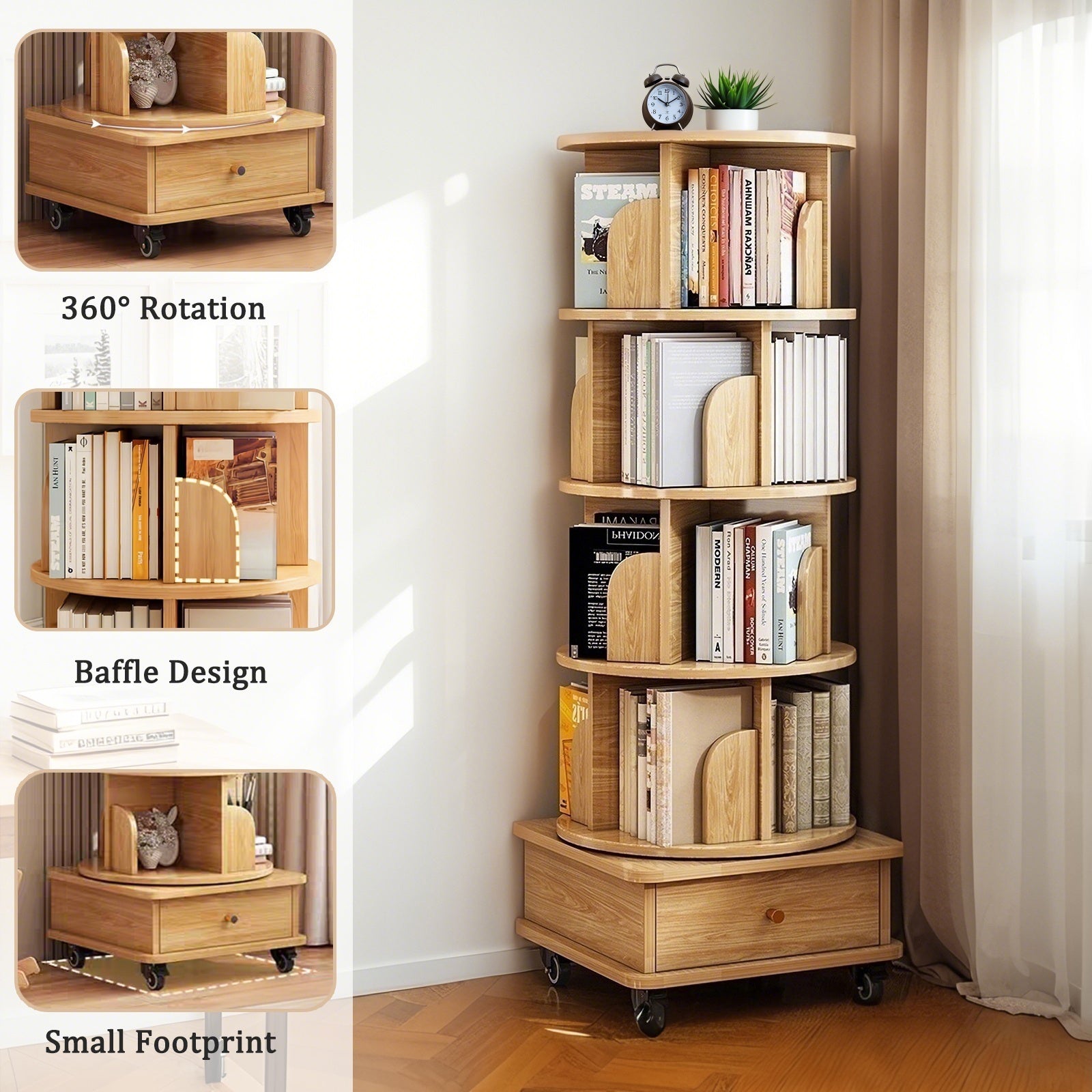 Sophia 5 Tier Rotating Bookshelf Display Stand with Drawer and Wheels