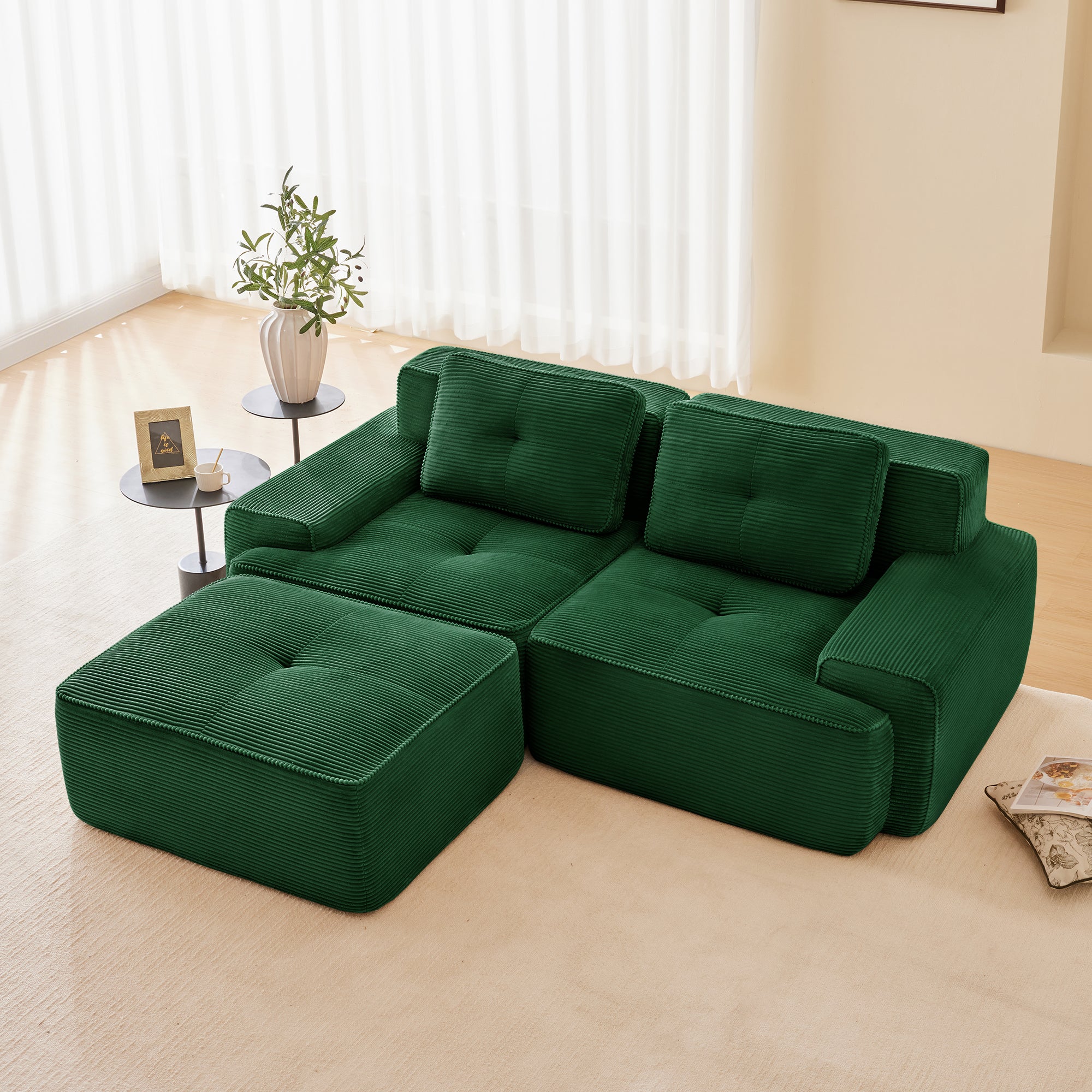 Racine 82" Modular Corduroy Fabric Loveseat Sofa with Pillows and Movable Ottoman