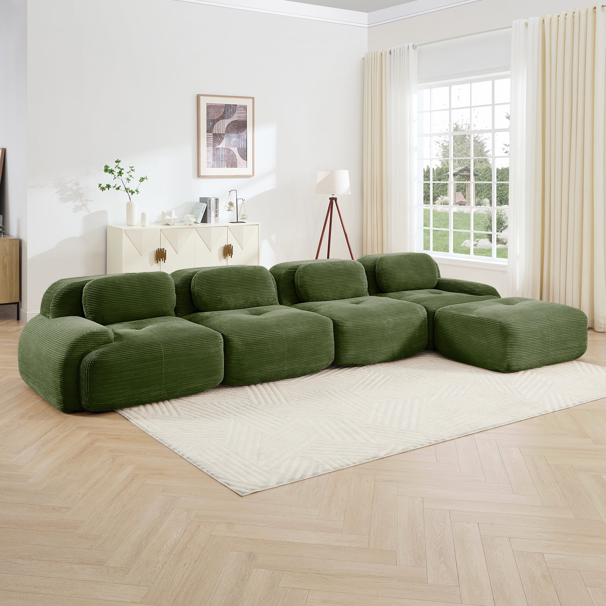 Anchorage 152" Modular Corduroy Cloud L-Shaped Sectional Sofa with Ottoman